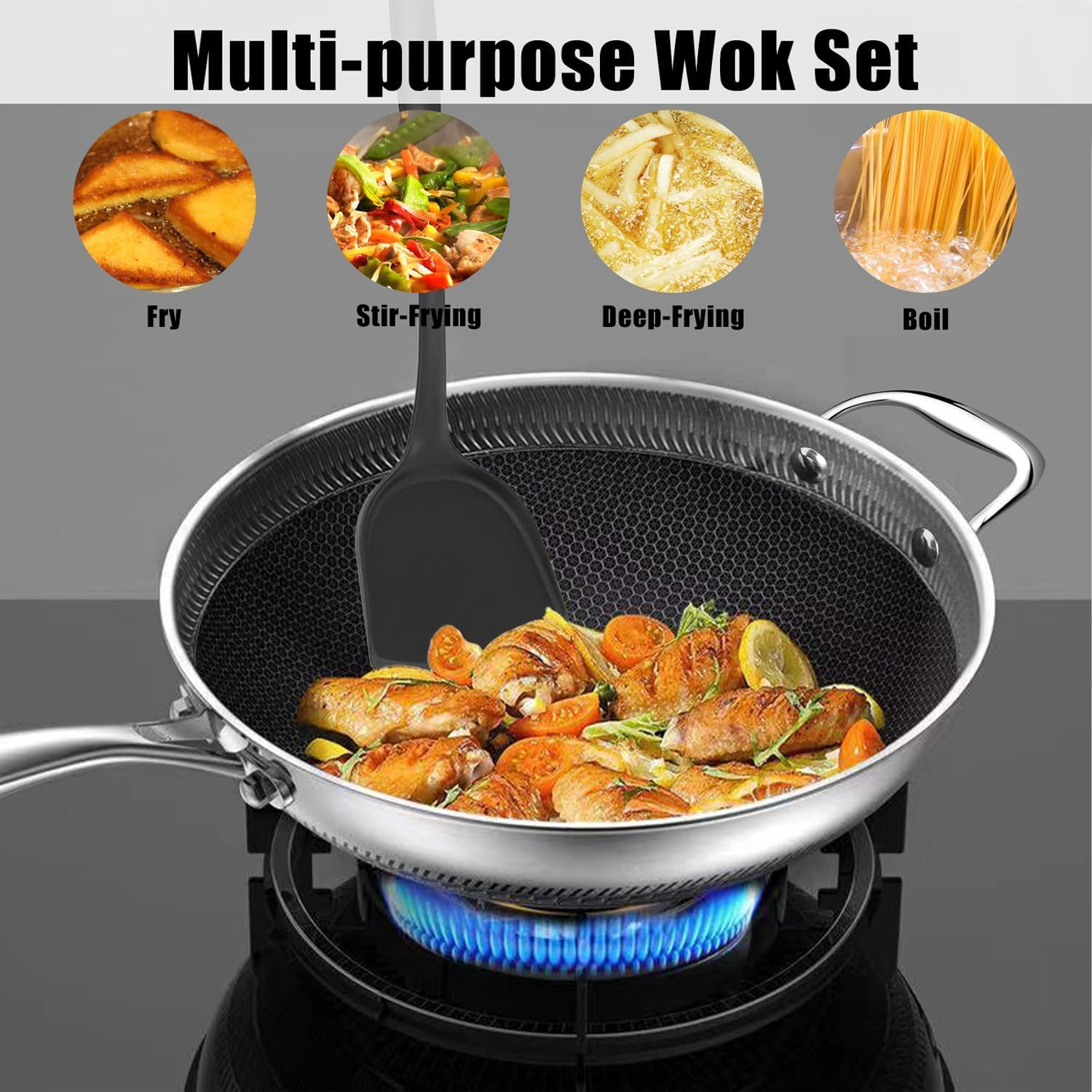 Hybrid Nonstick 12.5Inch Wok Pan with Lid Honeycomb Work with Handle Woks & Frying Wok Pan PFOA Free Cookware Suitable for Induction Ceramic Electric and Gas Cooktops image number 2