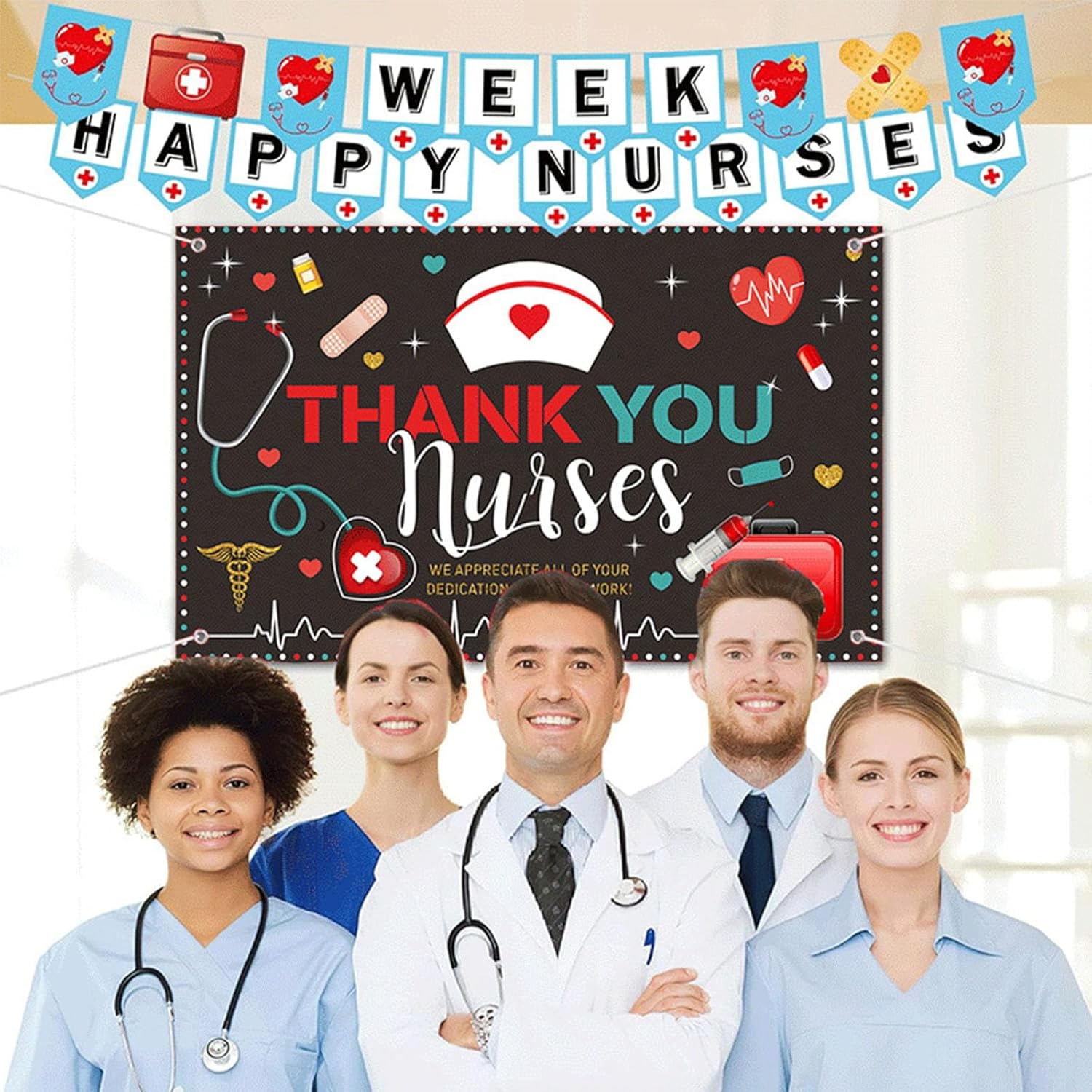 Thank You Nurses Banner,Nurse Week Decorations Backdrop,72.8 X 43.3 Fabric Backdrop Banner for National Nurse Day Photo Background image number 4