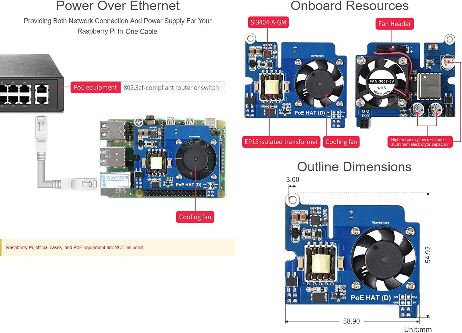 Waveshare POE Hat,Power over Ethernet HAT (D) for Raspberry Pi 3B+/4B 802.3Af-Compliant Official Case Compatible image number 6