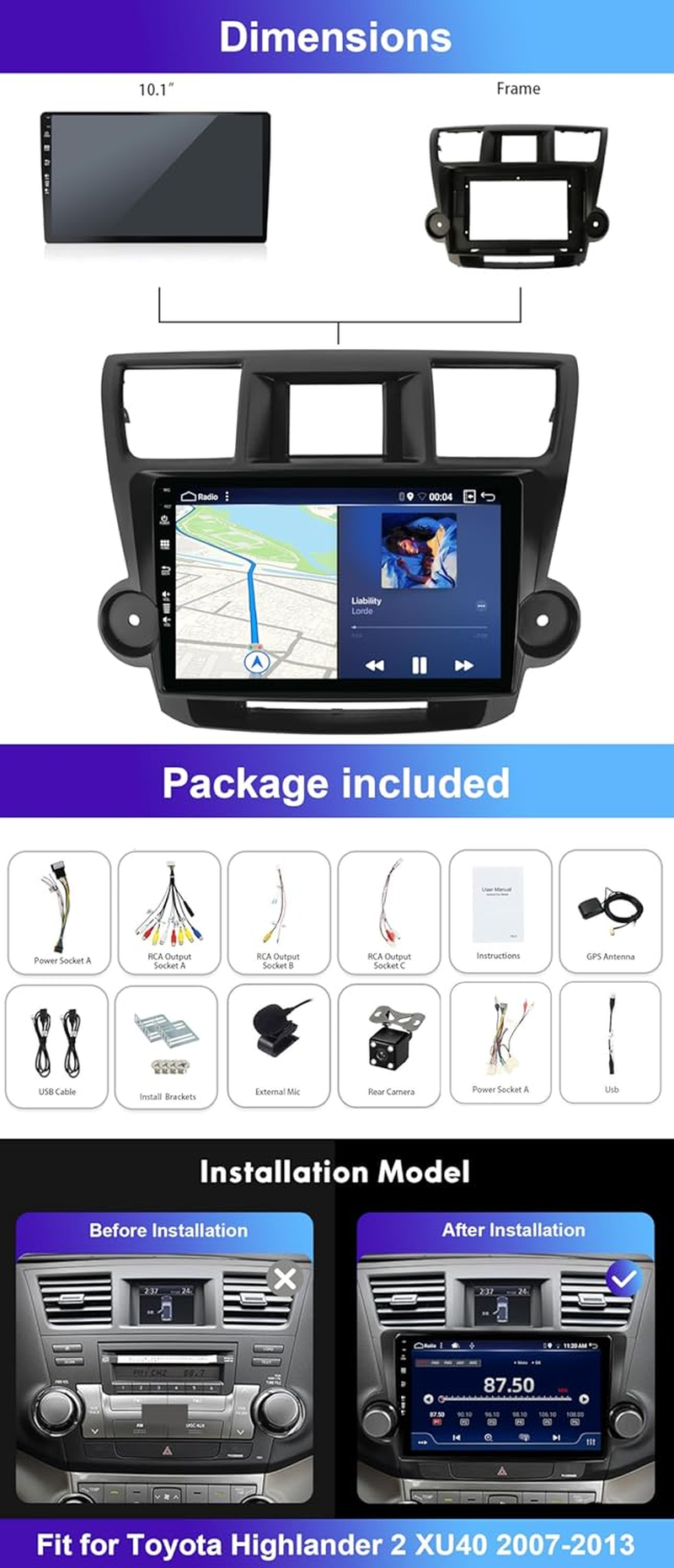 Car GPS Navigation Stereo for Toyota Highlander Kluger 2008-2013 Android 14 Head Unit Wireless Carplay/Android Auto/Dsp/Fast-Boot/360 Camera/Bt5.0/Fm/Am/Wifi/Swc-4G+64G