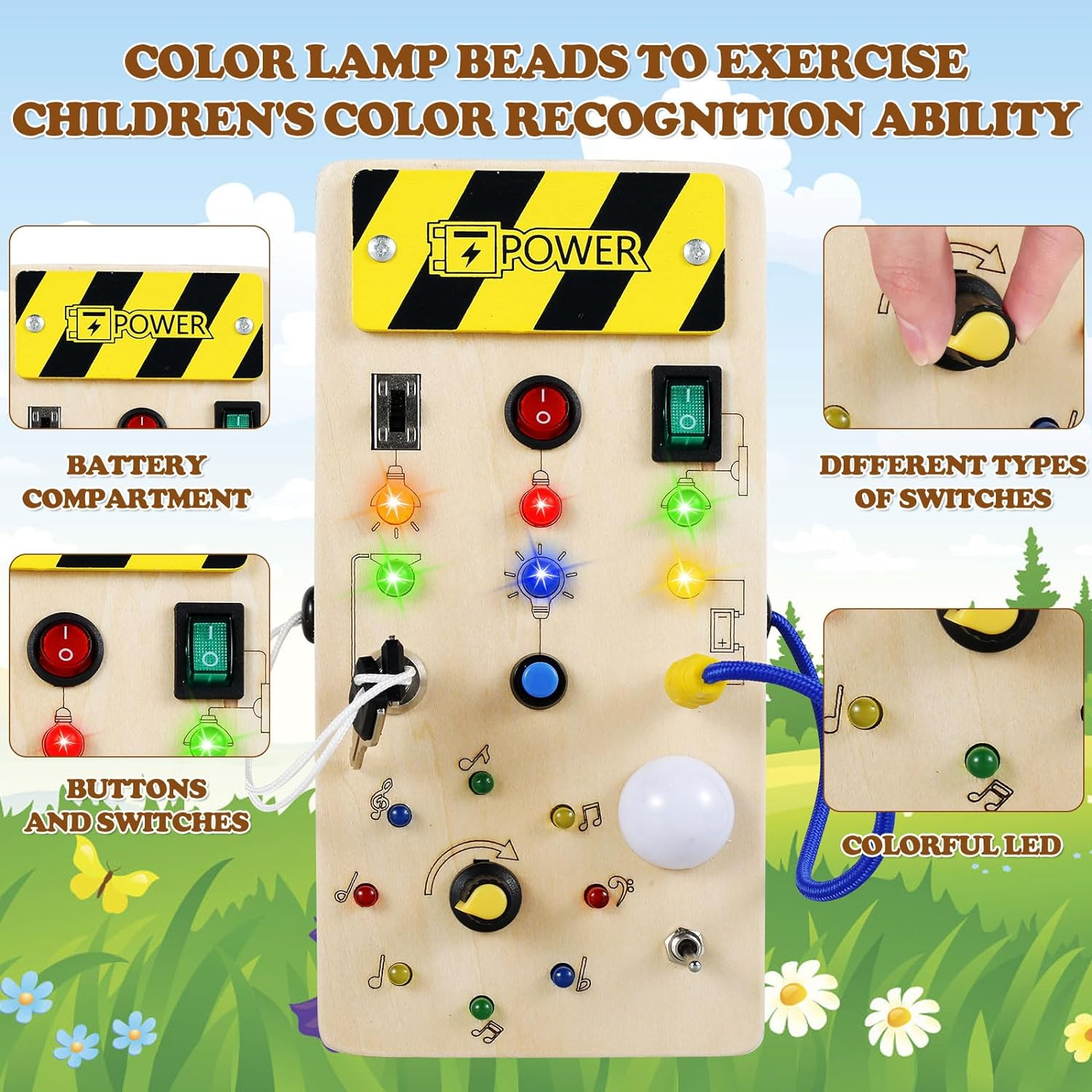 Montessori Busy Board for Toddlers LED Light Switch Busy Board Toddler Busy Board Travel Toy Wooden Sensory Toys with 8 LED Light Switches Educational Learning Toy for Toddlers Kids Gift image number 5