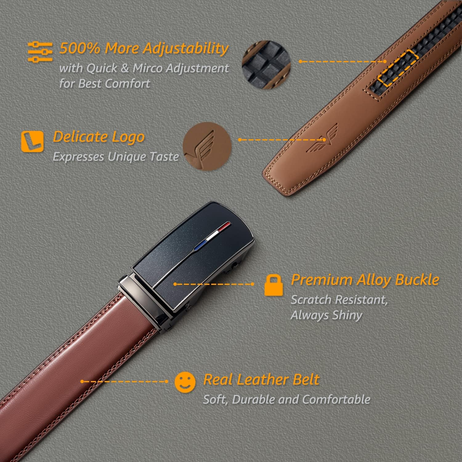 Hihawk Men'S Ratchet Belt with Slide Buckle, Genuine Leather Adjustable Click Belt, Trim to Fit, 26 Inch to 45 Inch