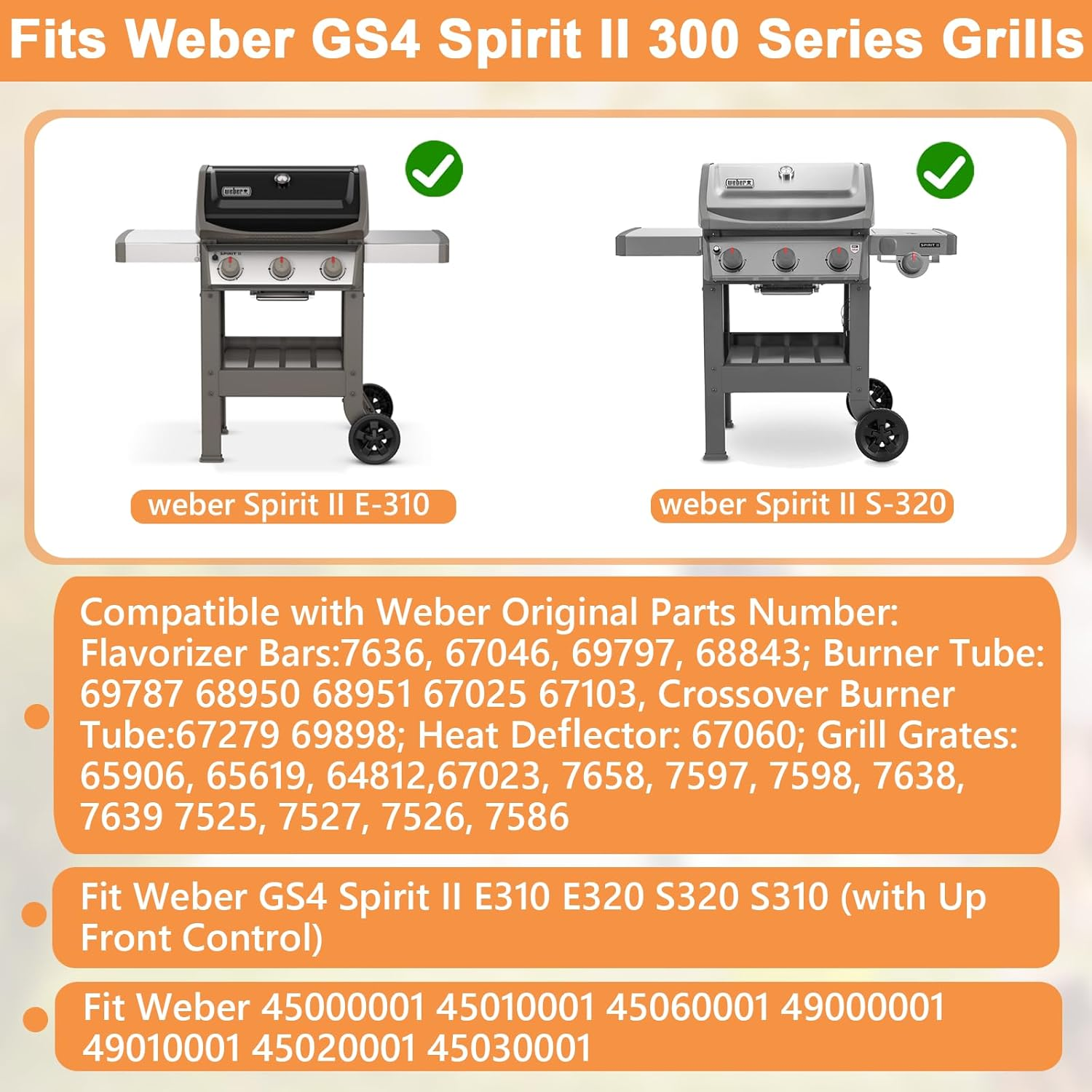 Grill Parts for Weber Spirit 2 Grill Parts GS4 Spirit II 300 SER E310 Replacement Parts for Weber 69797 Flavorizer Bars 67046 7636, 67060 GS4 Heat Deflector, 7638 Grates,67025 69787 67103 Burner Tubes