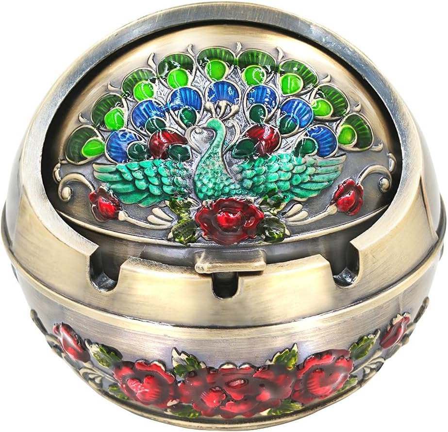 Hourwof Smokeless Ashtray with Lid - Peacock Windproof for Outdoor Patio Balcony, Metal Cigarettes for Home Office Tabletop Decor - Birthday Housewarming Gift, Bronze