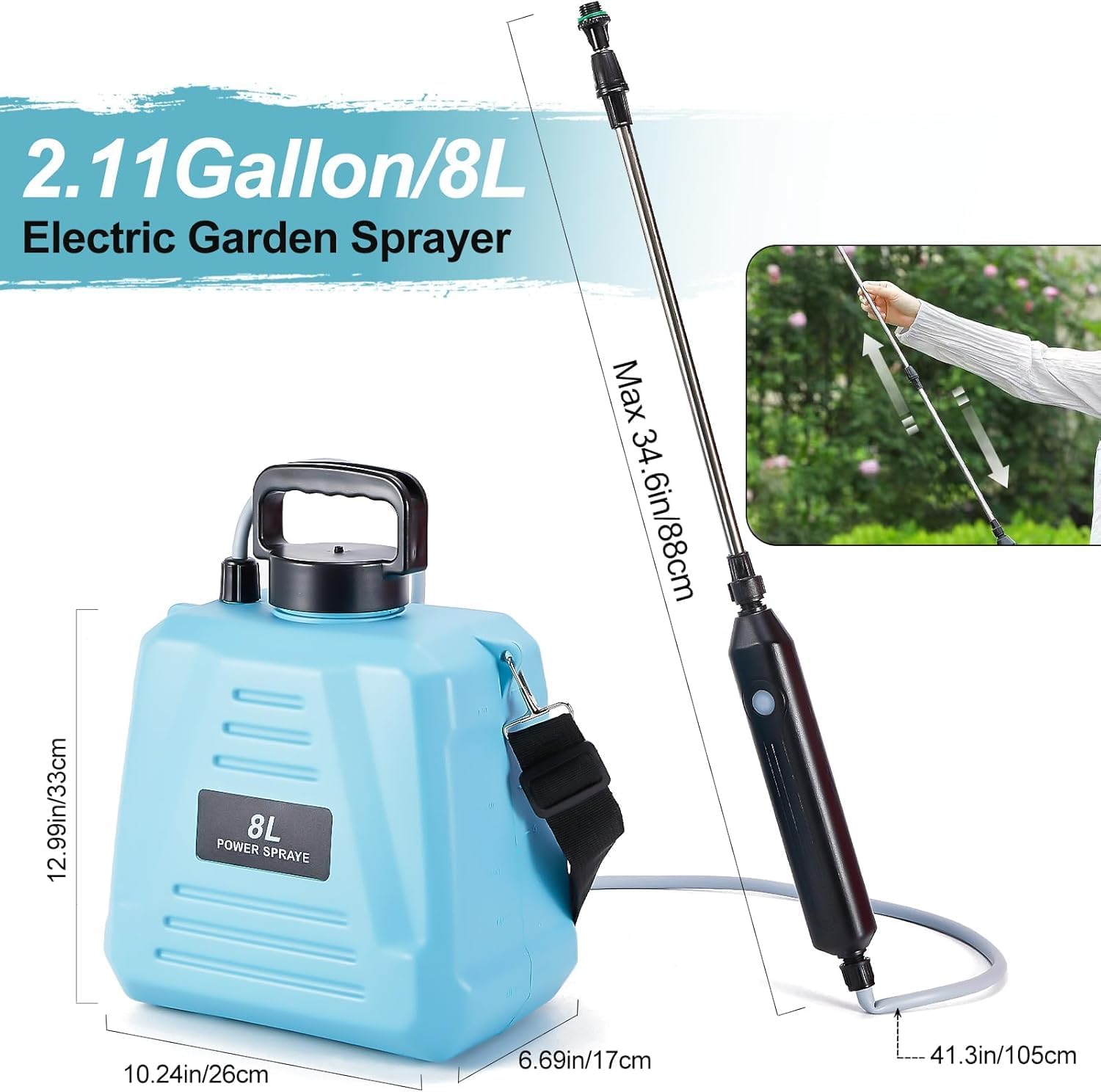 Battery Powered Sprayer 8L,Upgrade Electric Sprayer with 3 Mist Nozzles, USB Rechargeable Handle and Retractable Wand, Garden Sprayer with Adjustable Shoulder Strap for Lawn,Garden,Cleaning (Blue) image number 3