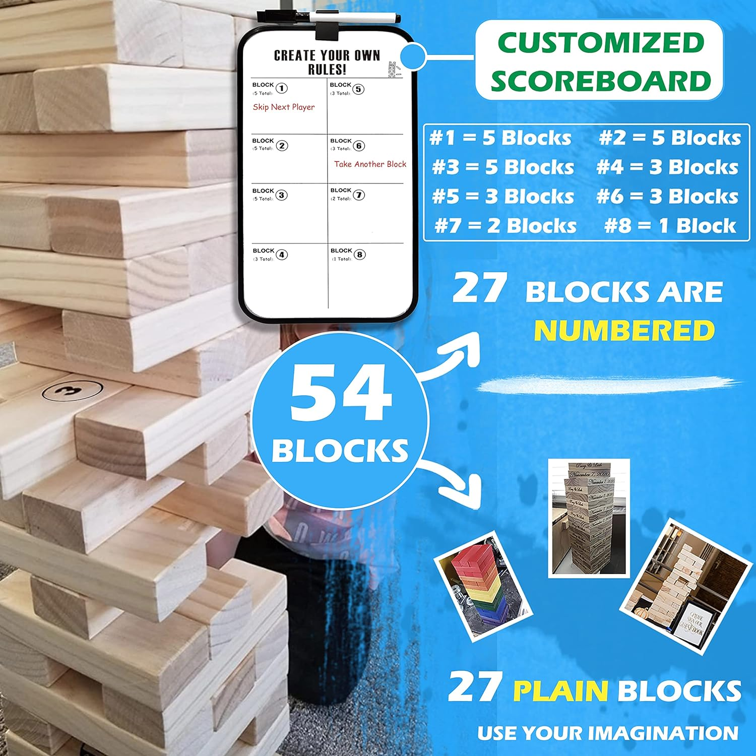 Large Tower Wooden Stacking Outdoor Games for Adults and Family Yard Lawn Blocks Games - Includes Rules and Carrying Bag-54 Pcs Premium Wood