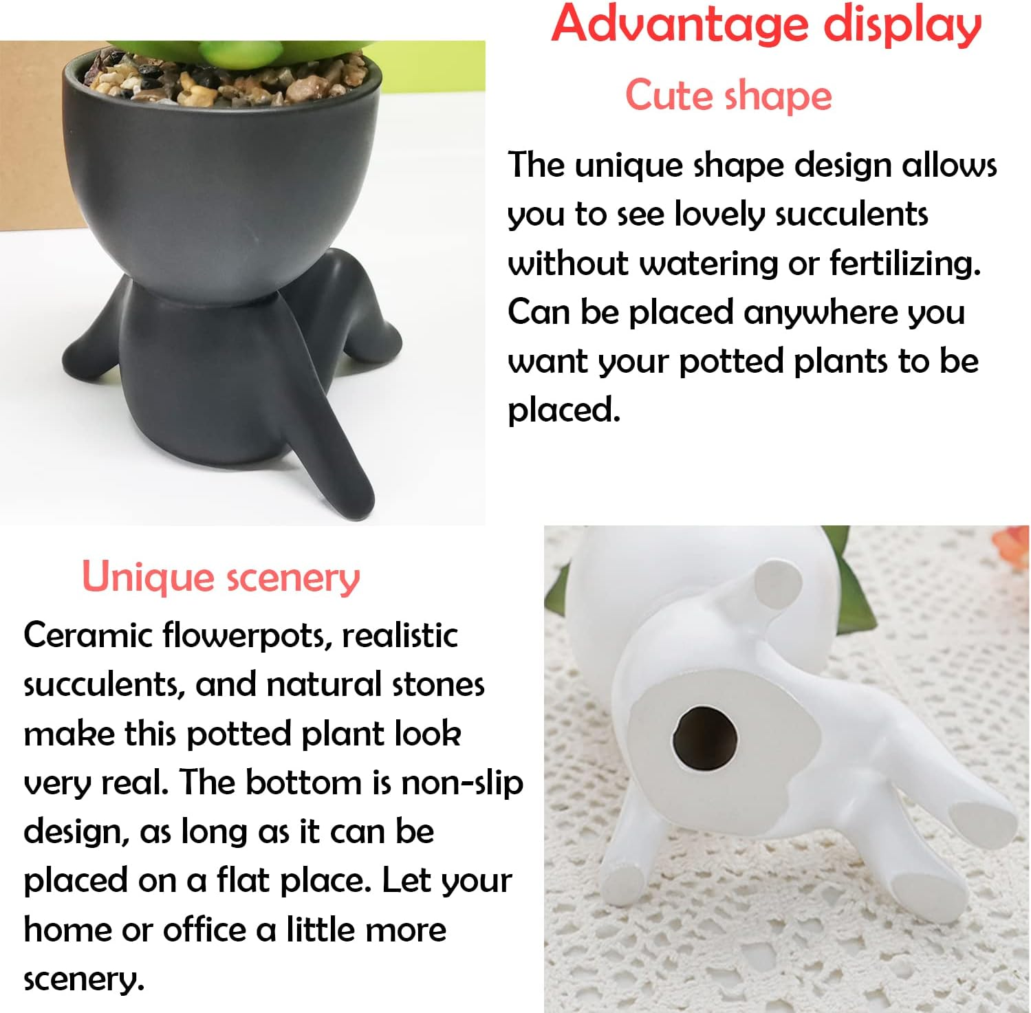 Paifeancodill Fake Plants Pot with Succulent Plants, 2 Pcs Fake Succulent with Black Human Shaped Ceramic Pots, Ceramic Flower Pot Planter (Black A) image number 4