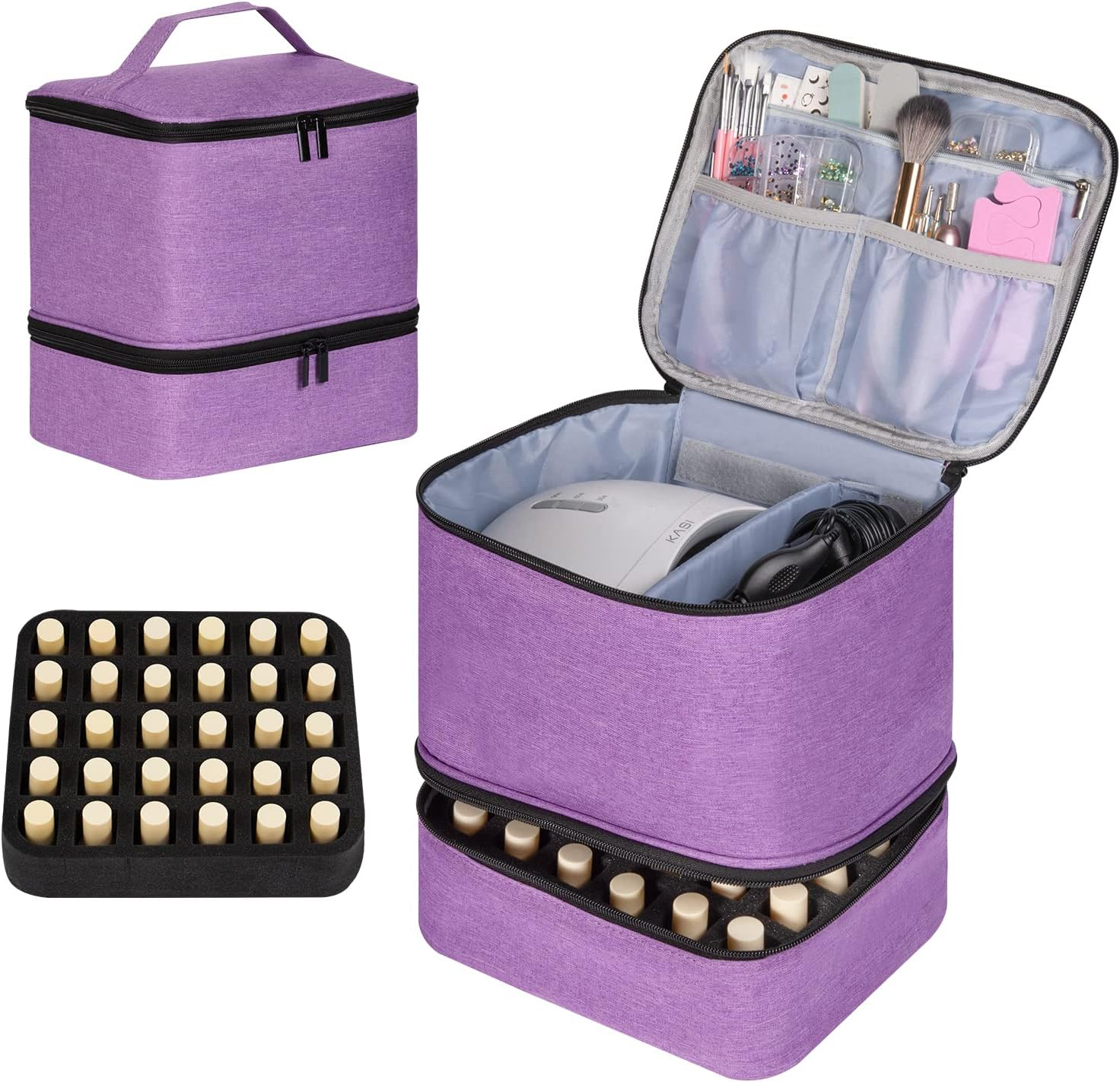 TDIFFUN Nail Polish Organizer and Nail Dryer Case, Double-Layer Storage Holds 30 Bottles (15Ml/0.5 Fl.Oz) and 1 Led Nail Lamp, Travel Carrying Case for Nail Polish Kit Set (Grey)