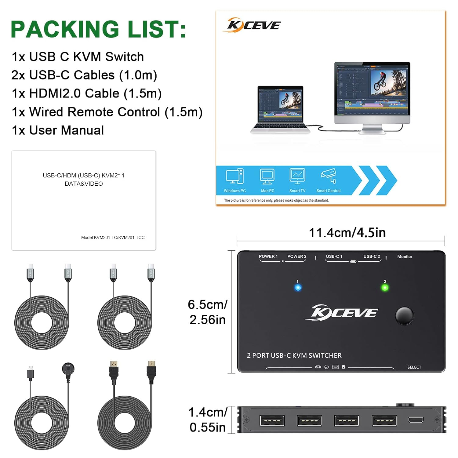 USB Type-C KVM Switch, 2 Port USB C KVM Switcher Box Support 4K@60Hz for 2 Computers Share Keyboard Mouse and 1 Monitor, Support 100W PD Fast Power Delivery image number 6