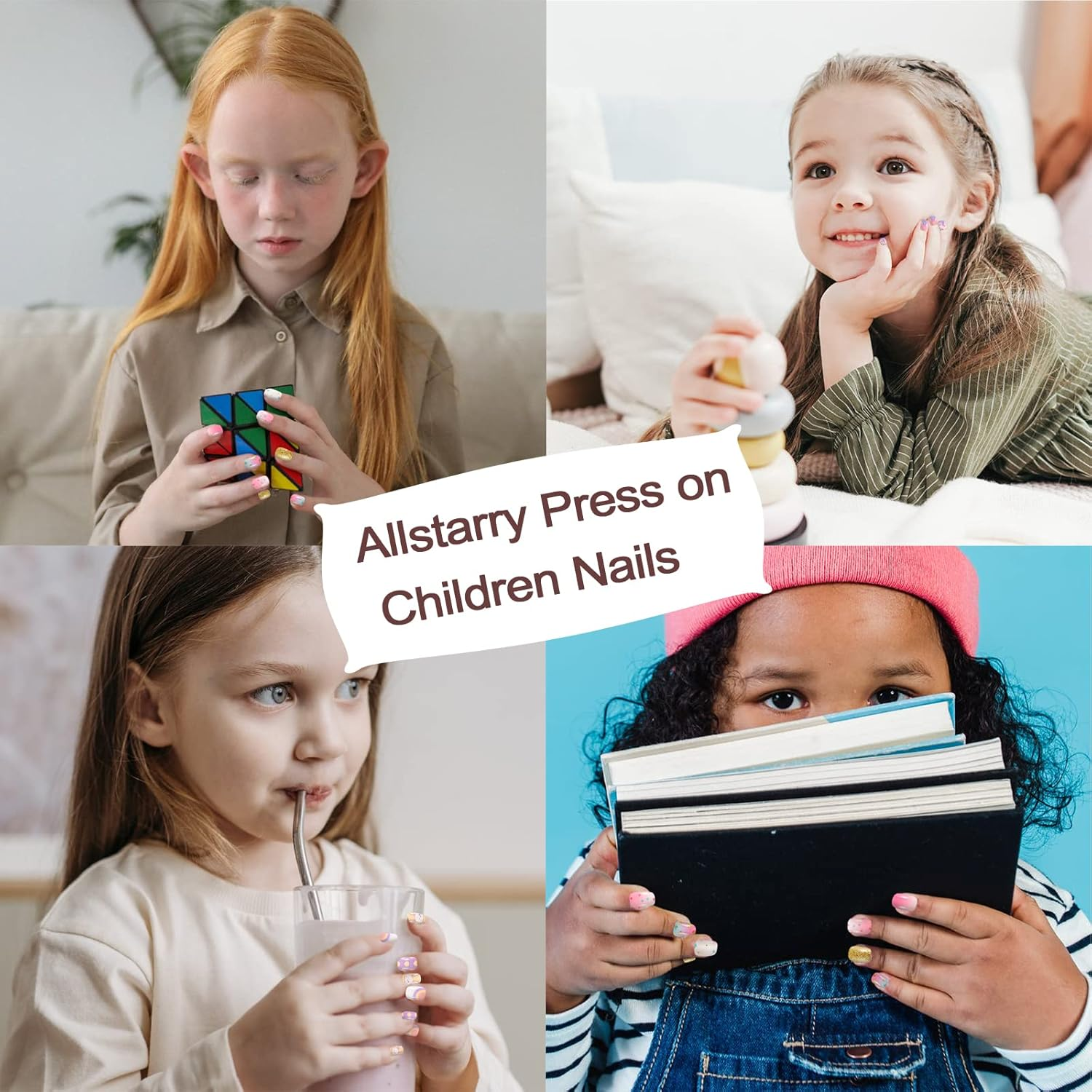 Allstarry Children Nails Press on Pre-Glue Full Cover Rabbit Gradient Color Dot Short False Nail Kits Lovely Gift for Children Little Girls Nail Art Decoration - Purple Planet