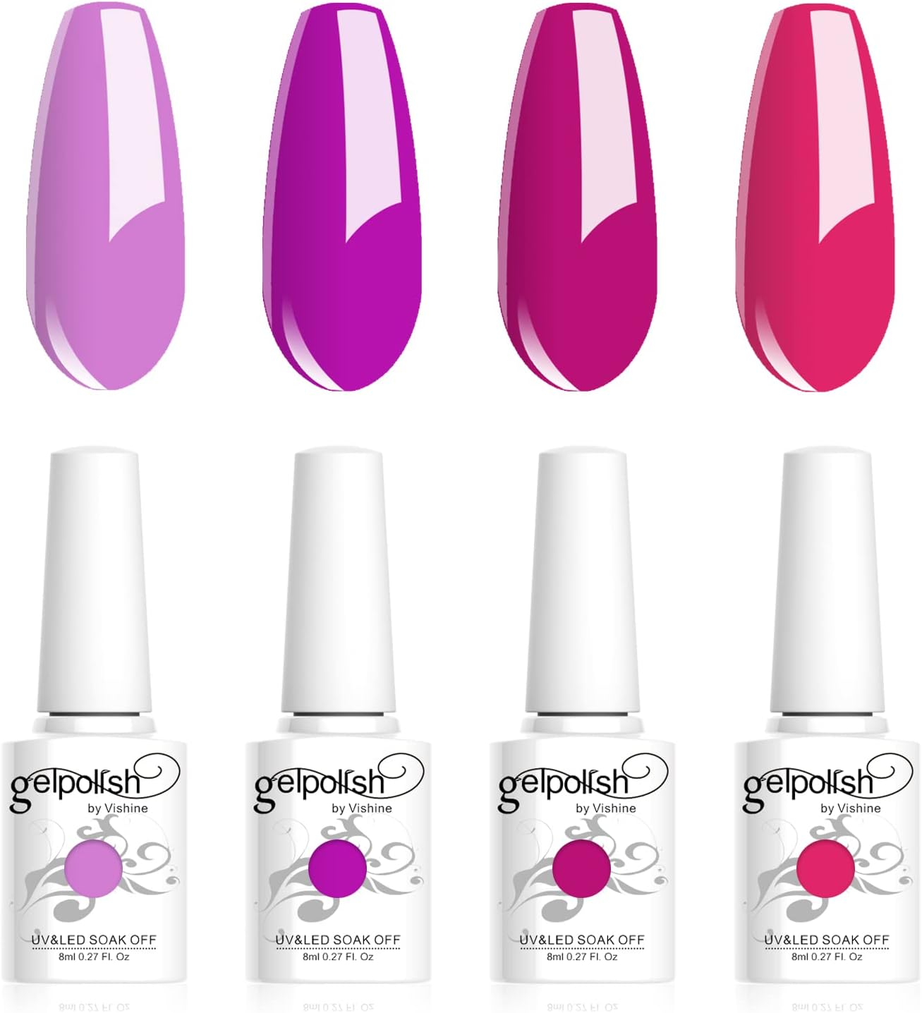 Vishine Pink Gel Nail Polish Set 4 Colors, Hot Pink Tones Sakura Spring Rose Purple Fushia Dark Pink All Seasons Soak off Long Lasting Romantic Nail Art Design Salon Home Manicure Kit for Women Girls C027
