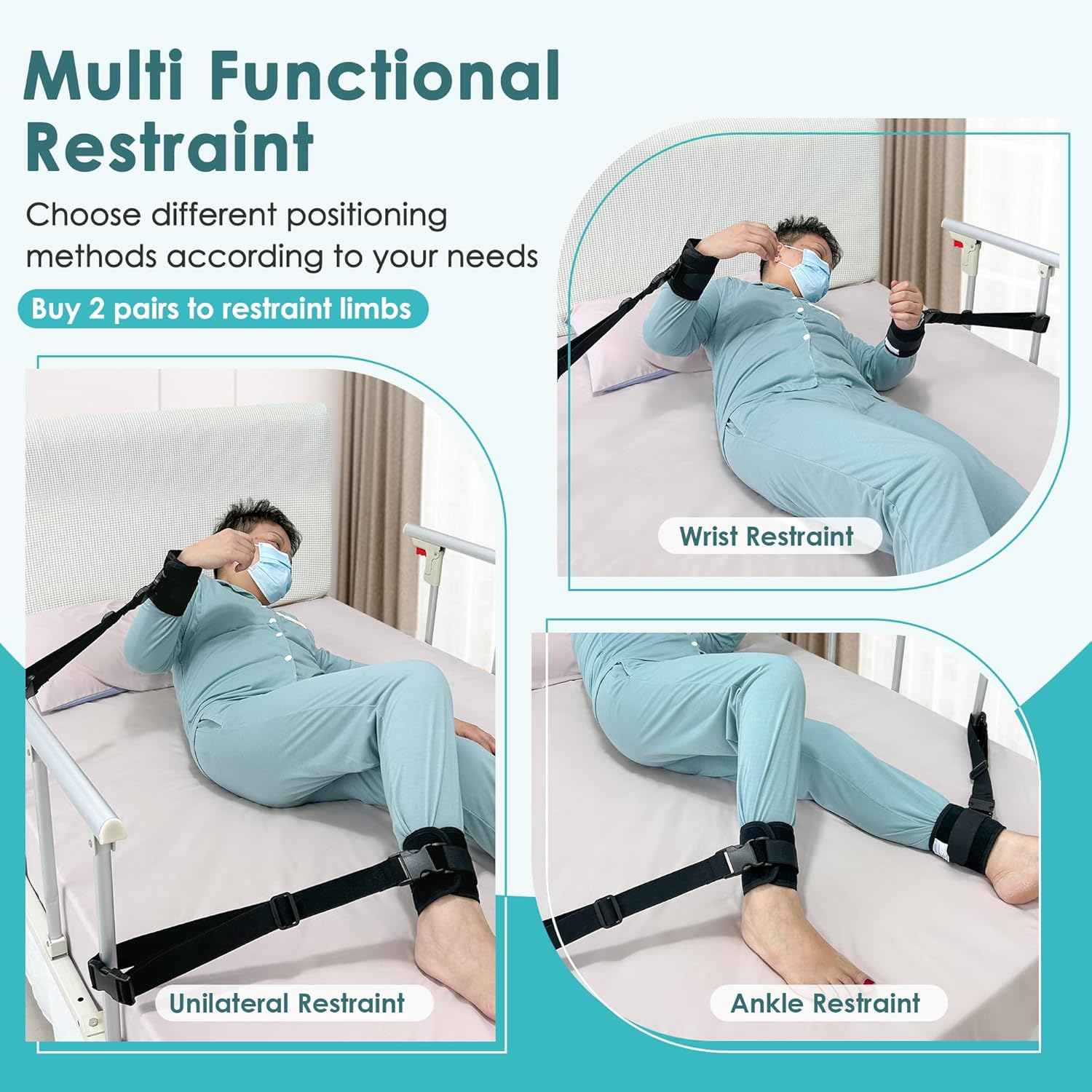 Medical Restraints Control Limb Holders Beds Bed Restraint Hospital Bed Wrist Bandages Restraint for Hand, Feet，Ankleor Arm Patient Universal Constraints Control (1 Pair - Black) image number 2