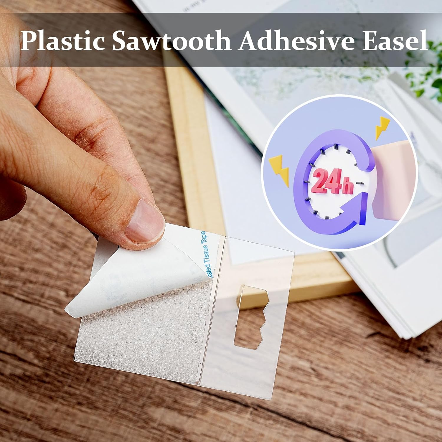 100 PCS Adhesive Picture Hangers, Foam Board Hanger, Plastic Frame Hooks for Back of Frame, No Nail Hanging (Transparent) image number 2