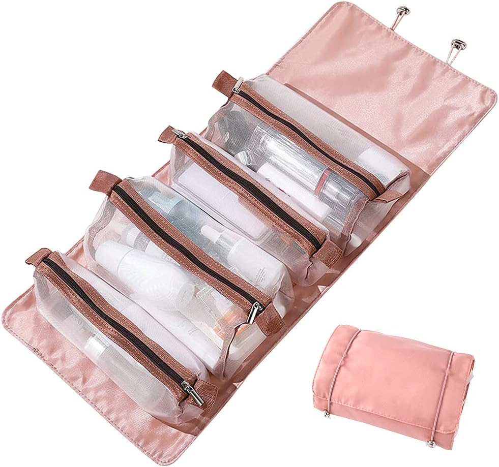 Toiletry Bag, Clear Makeup Bags Travel Cosmetic Bag Portable Hanging Zipper Organize Bag Waterproof, Detachable Small Toiletry Bags Daily Makeup for Women, Pink