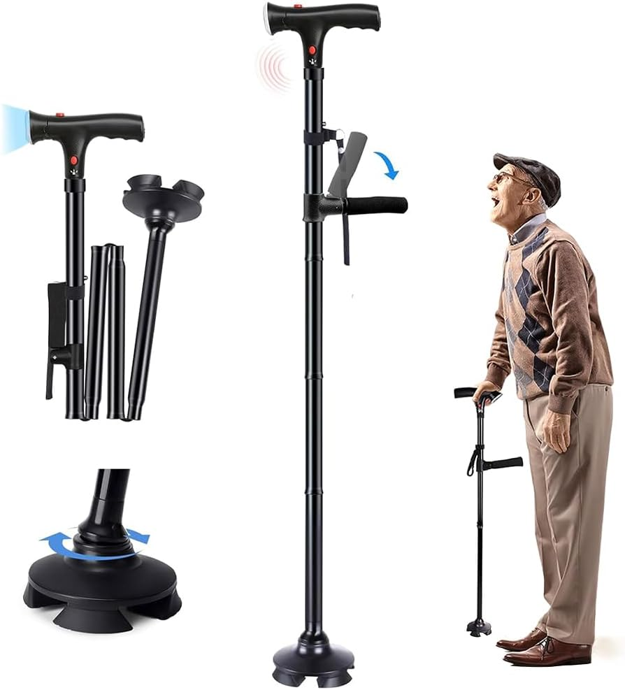 Folding Walking Cane with LED Light & Alarm &ndash; Adjustable Lightweight Travel Cane with 360&deg; Pivot Base and Ergonomic T-Handle for Seniors & Adults Hiking Mountain image number 4