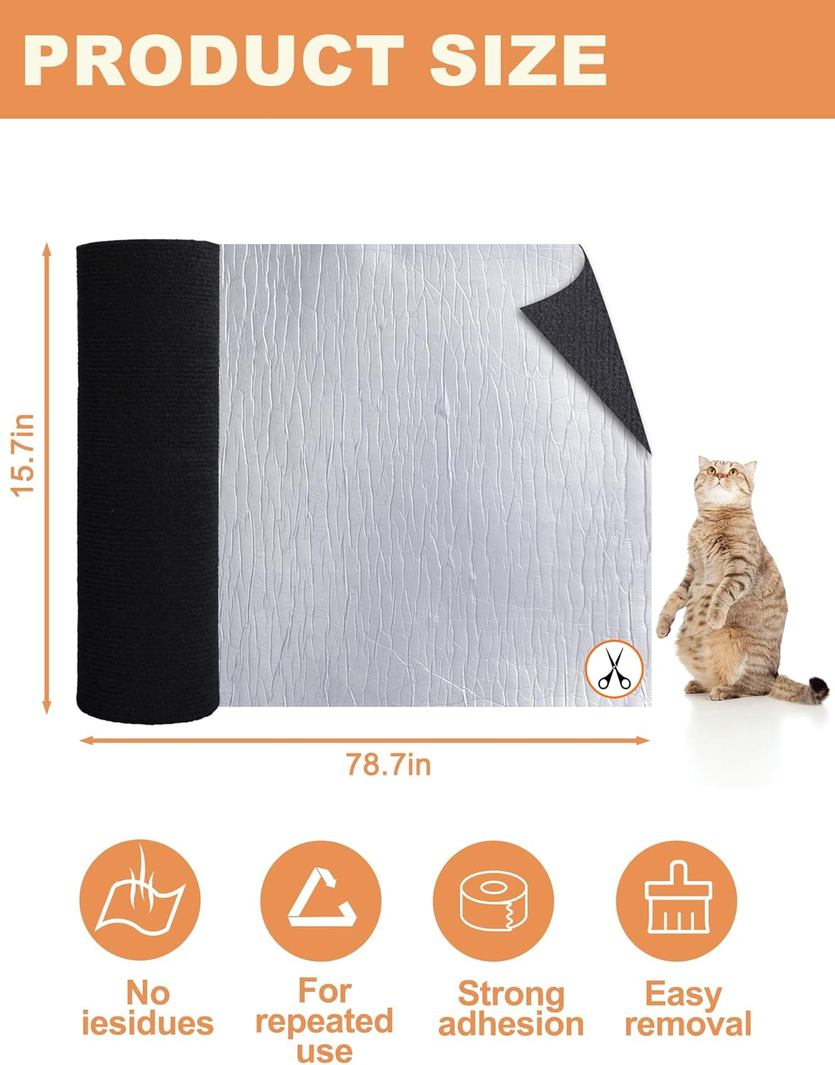 Cat Scratching Mat 78.7"X15.8" Self-Adhesive Trimmable DIY Cat Wall Climbing Carpet, Cat Couch Protector, Cat Scratching Pad Replacement (Black)
