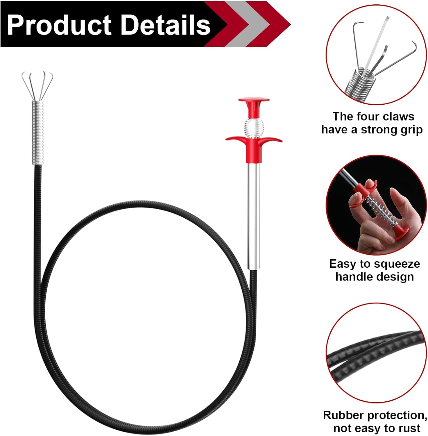Pack of 2 Claw Grippers 160 Cm / 60 Cm, Flexible Gripper Claw Gripper, Pipe Cleaning Spiral, Drain Cleaner Spiral, Drain Spiral, Telescopic Gripper for Kitchen, Bathroom and Sewers - Red image number 6
