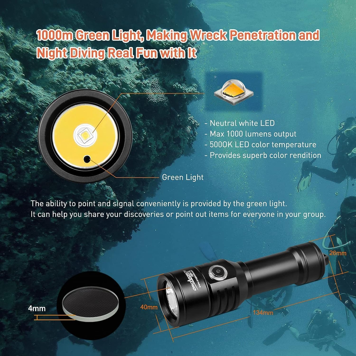 ORCATORCH D570 2-In-1 Scuba Diving Safety Light with 1000 Lumens White Beam, 1000 Meters Green Light, for Diving Instructors, Scuba Divers, Underwater 150 Meters Diving image number 6