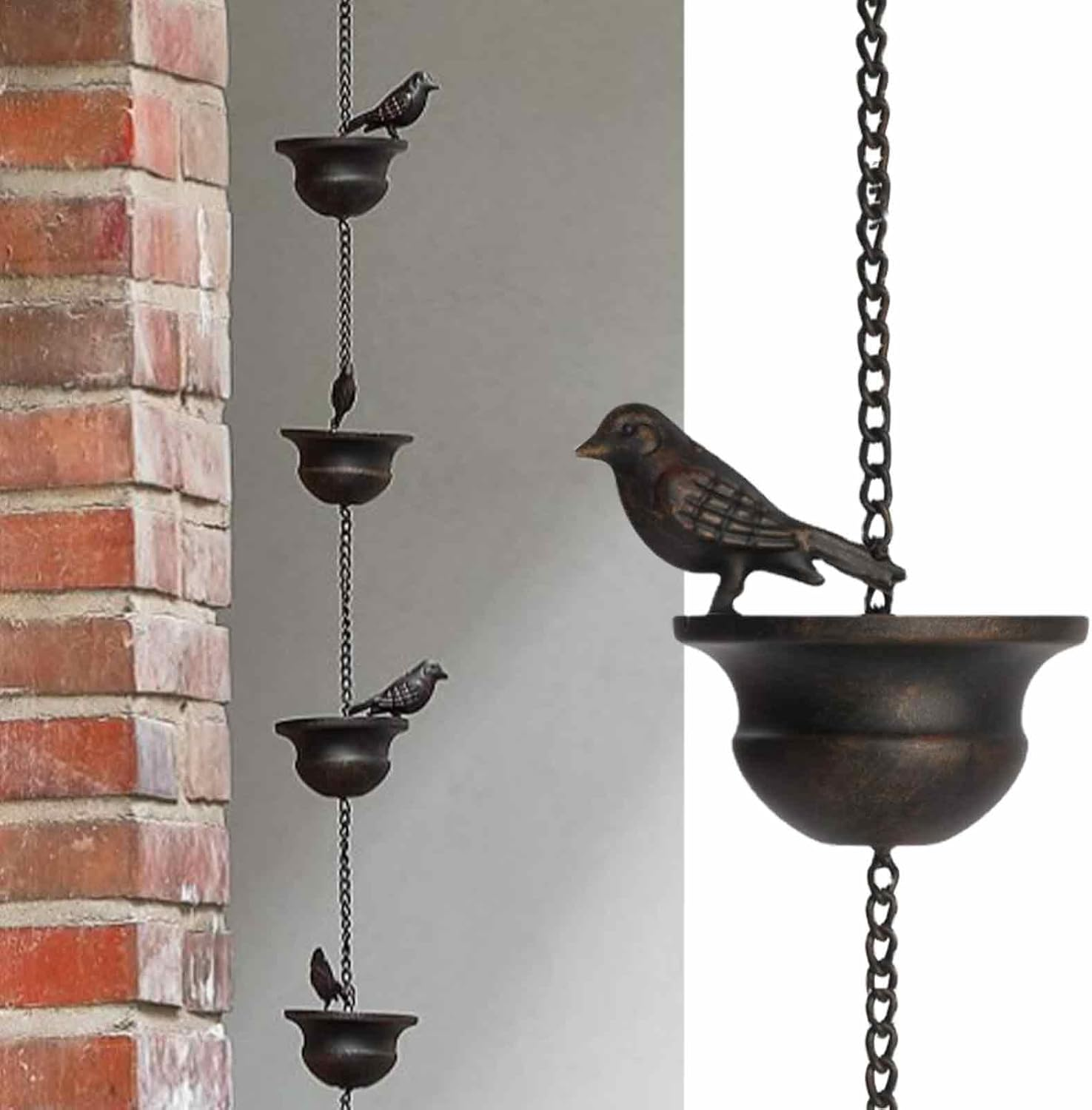 Metal Rainwater Chain Bird Gutter Chain Rain Drain Rain Downpipe Rain Gutter Chain Rain Chains for Gutters, 2.4 M Rain Bells with Attached Hanger and 8 Birds for Drainage of Water