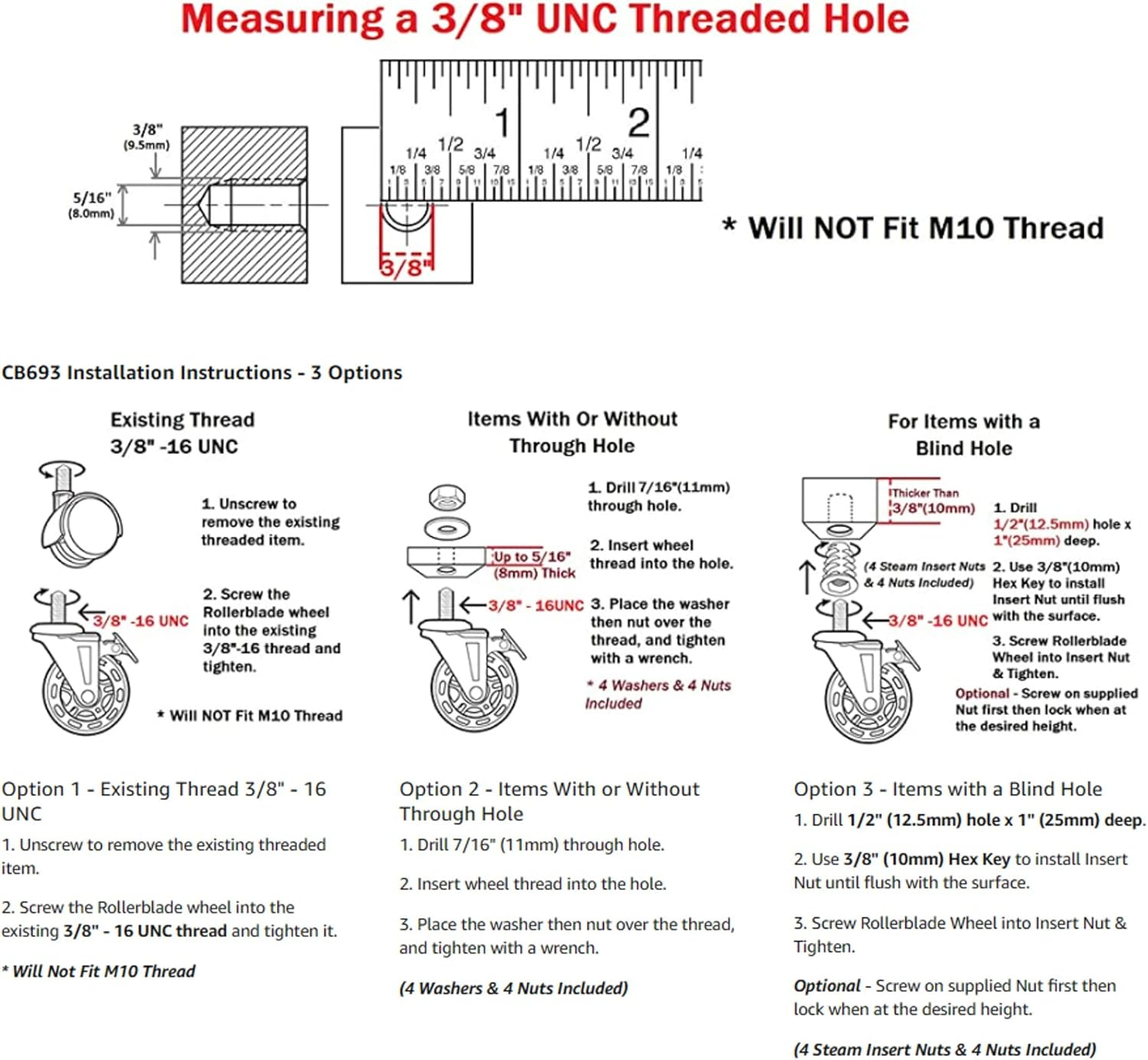 Slipstick CB693 Premium 3 Inch Rubber Caster Wheels with Brake (4 Pack) Replacement Rollerblade Style Swivel Casters with 3/8&rdquo;&ndash; 16X1&rdquo; Threaded Stem, Includes Mounting Hardware, Black/Clear Castor image number 5