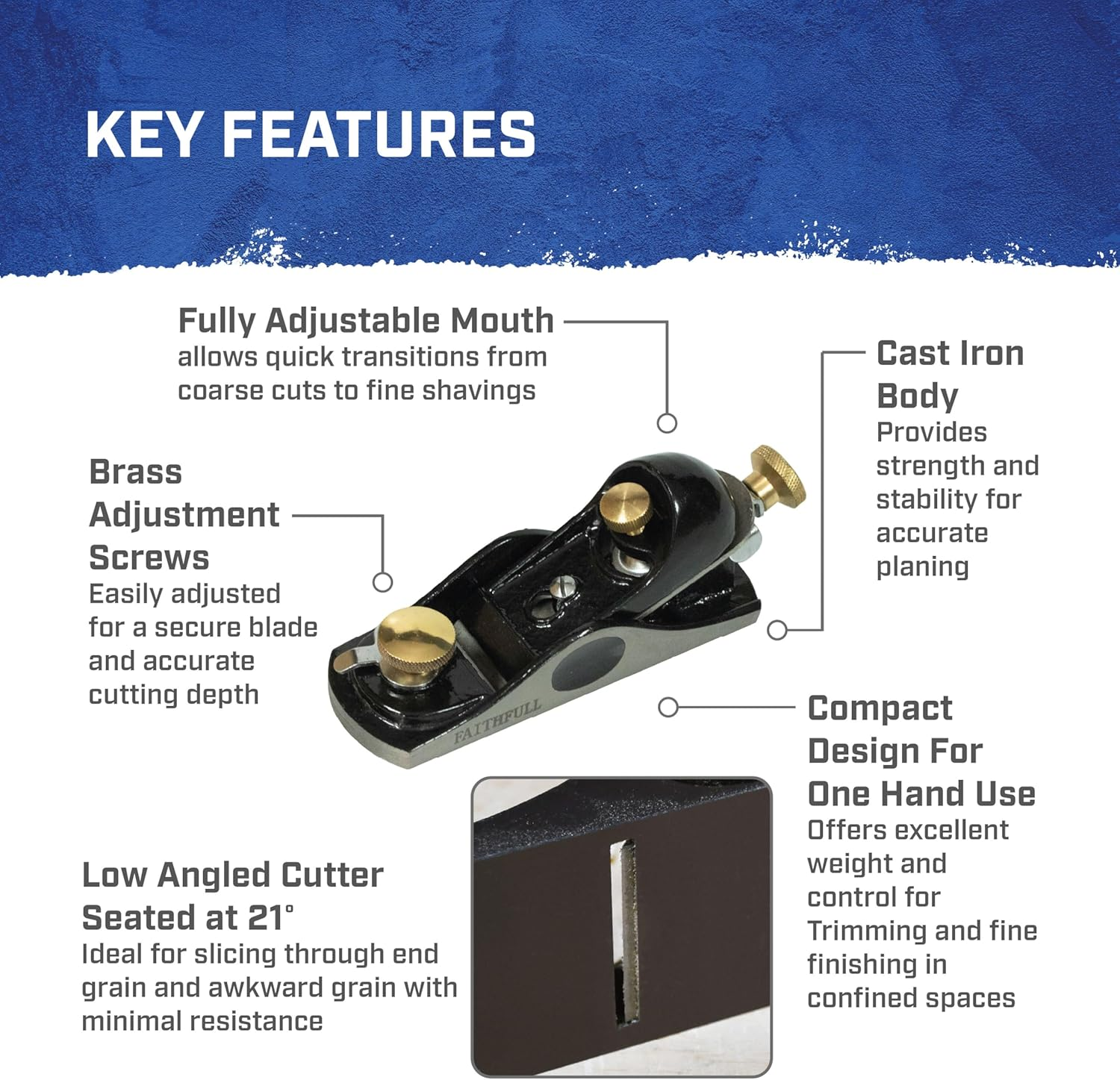 Faithfull 912 Block Plane in Wooden Storage Box &ndash; Precision Machined Cast Iron Low Angle Hand Plane for End Grain Work & General Purpose Finishing image number 4