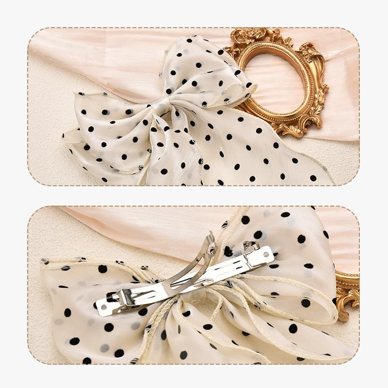 Hair Bow Clips for Women Girls French Barrette Hair Bows Polka Dot Hair Bow Tassel Ribbon Bowknot Hair Clips with Long Tail Vintage Hair Accessories for Women Mesh Bow Hair Clip image number 3