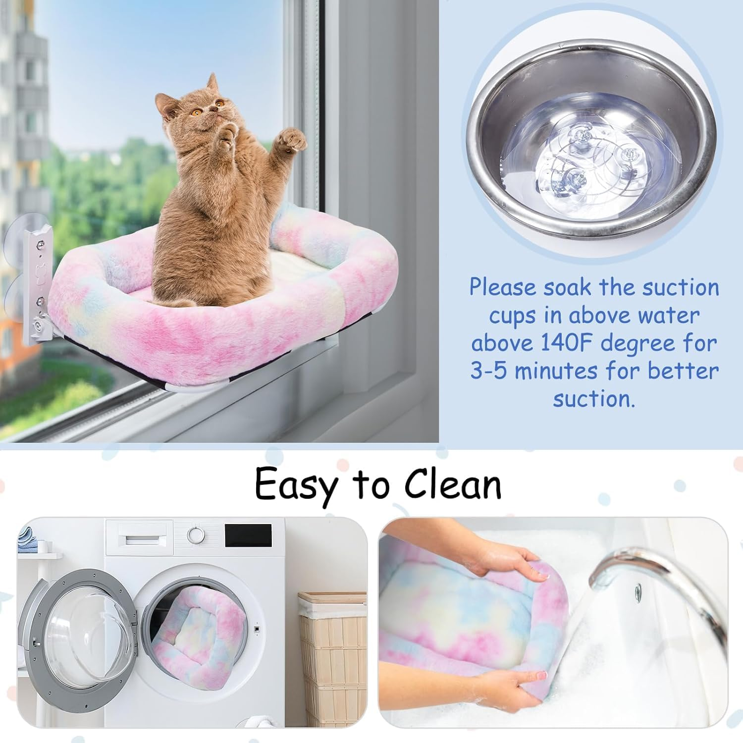 Cordless Cat Perch for Window,Foldable Cat Window Hammock with 4 Strong Suction Cups and Soft Bed,Embeded Machine Washable Padded Bed for Large Cats and Kittens