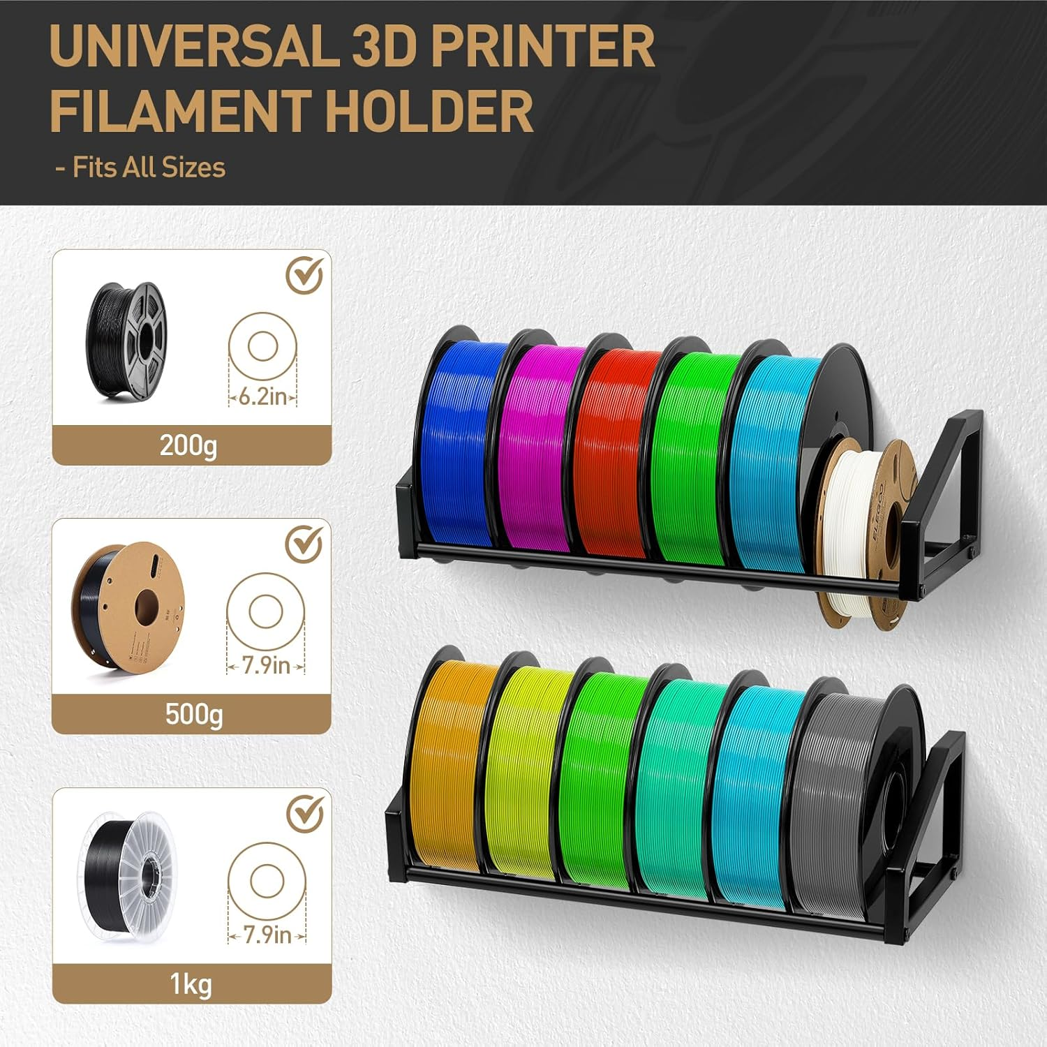 Filament Storage, 3D Printer Filament Storage Rack - Wall Mounted Heavy Duty Filament Spool Holder 2 Tier Metal Shelf Organizer for PLA, ABS, TPU, Nylon - Ideal for 3D Printing Workstation Home Office image number 1