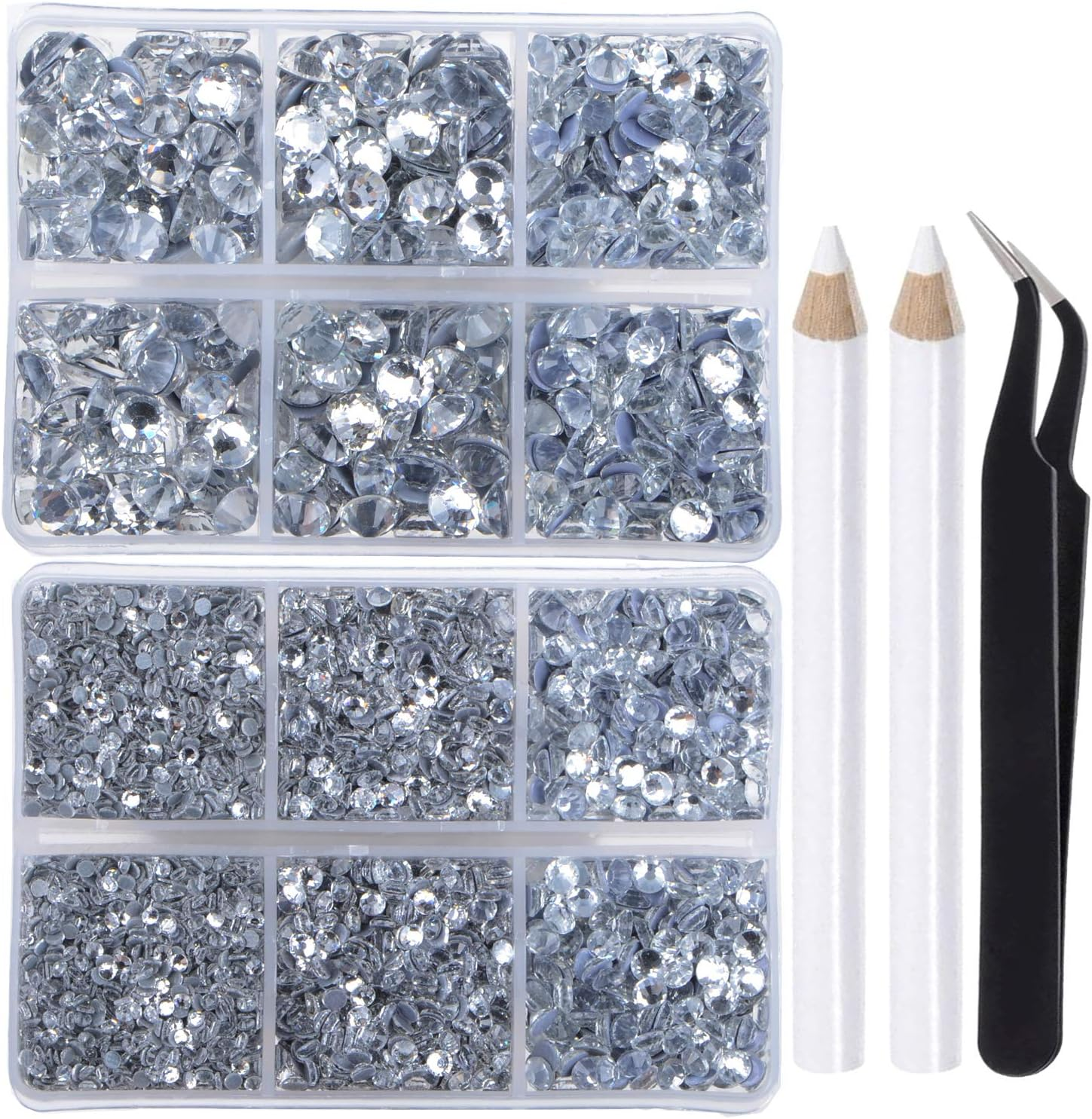 Lpbeads 6400 Pieces Hotfix Rhinestones Clear Flat Back 5 Mixed Sizes Crystal round Glass Gems with Tweezers and Picking Rhinestones Pen
