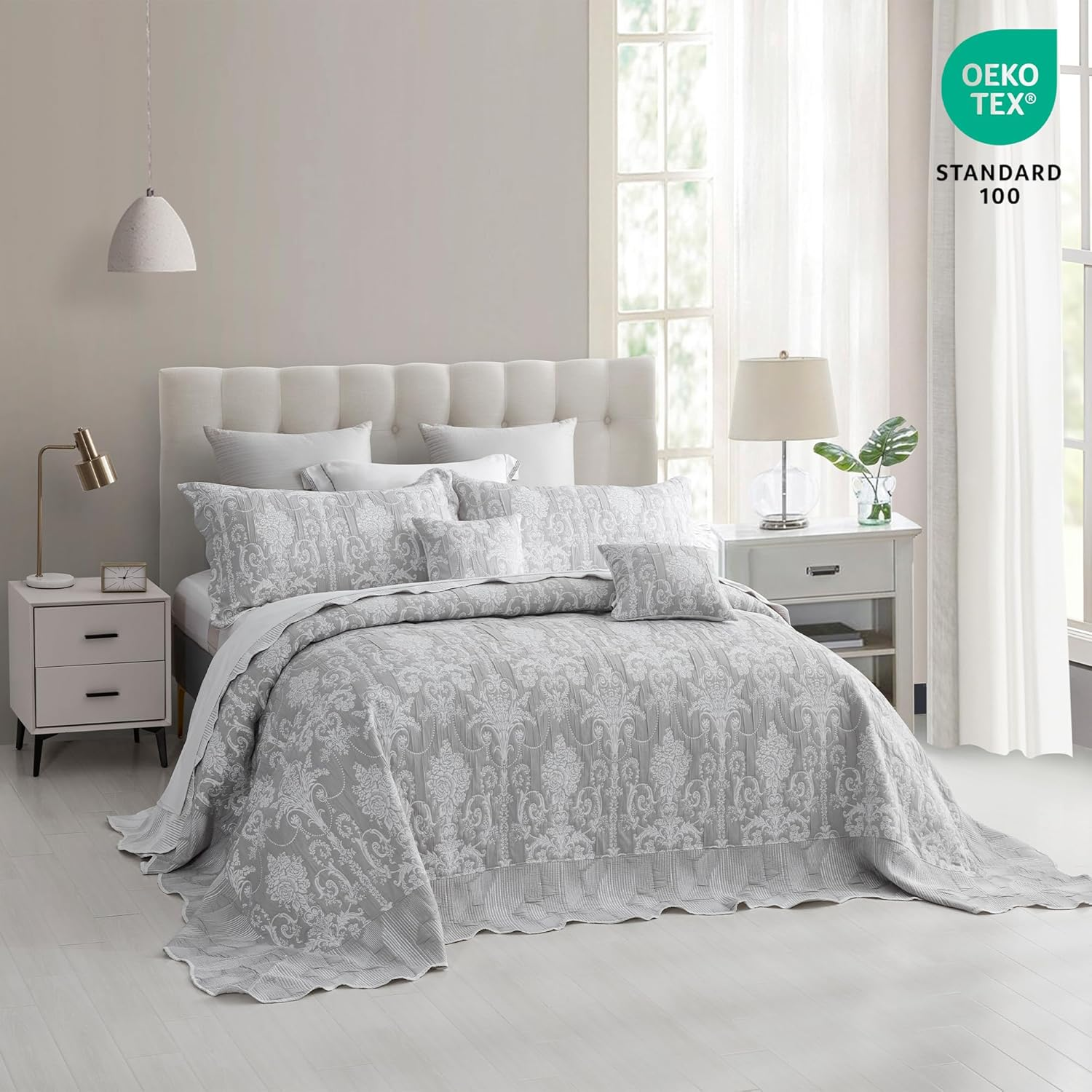 Blythease Oversized King Bedspread, Jacquard Matelasse Damask Pattern Design, Lightweight, Reversible, 5 Piece, 100% Microfiber, Gray image number 7