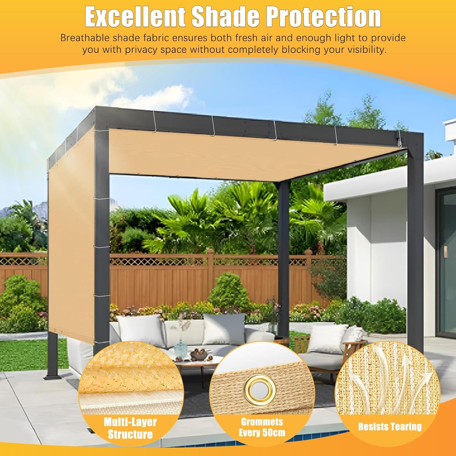 LIODUX Sun Shade Cloth, 185 GSM Permeable Fabric, 90% UV Protection Pergola Shade Cover, Durable Garden Sunshade Tarp Cover for Greenhouse, Plant Cover, Chicken Coop, Patio, Pergola (5 X 6 Meter) image number 5
