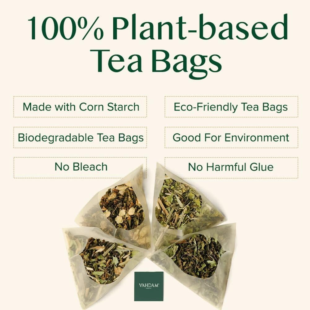 VAHDAM, Green Tea Bags (100 Plant Based Pyramid Tea Bags) Green Tea Leaves from Himalayas | Non GMO, Gluten Free, Naturally High Grown | Whole Loose-Leaf Tea Bags | Resealable Ziplock Pouch image number 6