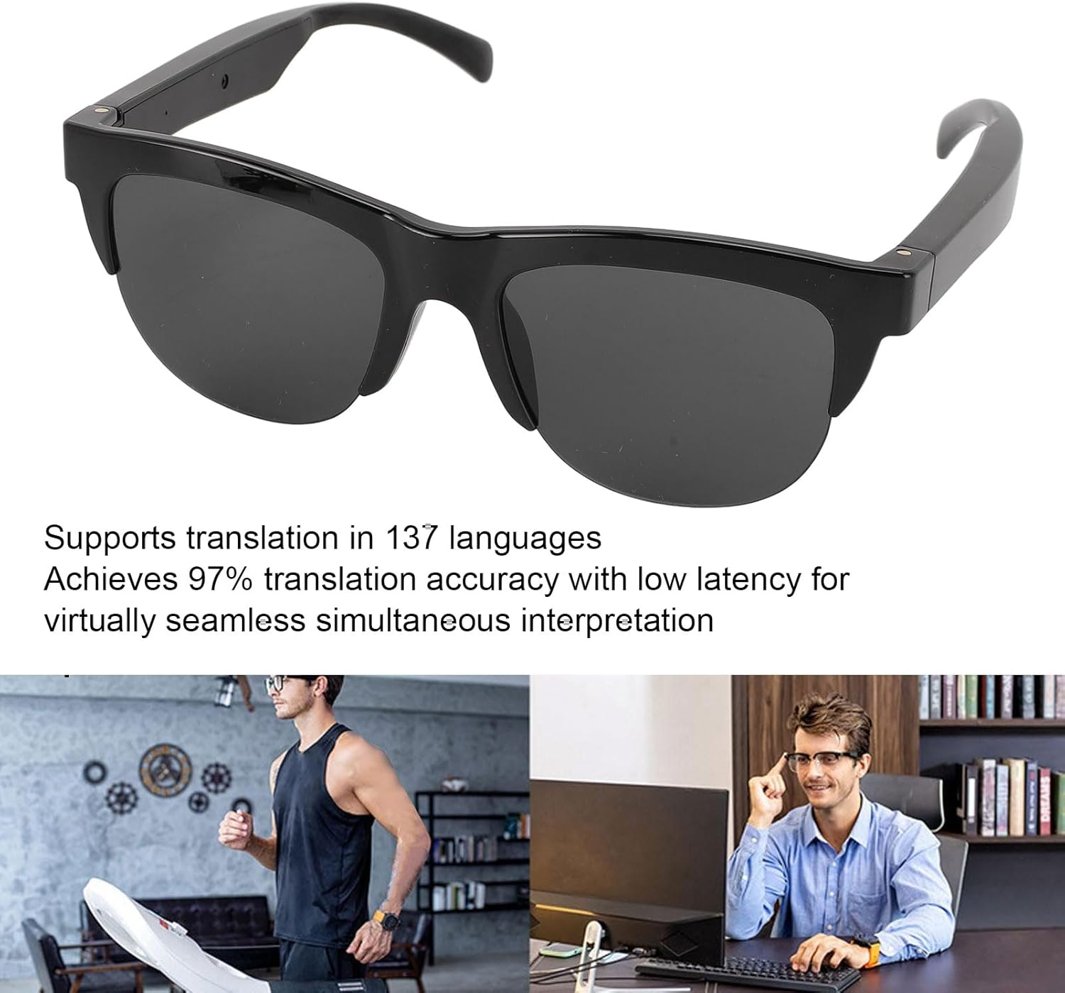 Translator Smart Glasses, 137 Languages Translation Device 97% Accuracy, TR90 PC UV400 Open Directional Bluetooth Translator Glasses with Dual Mic