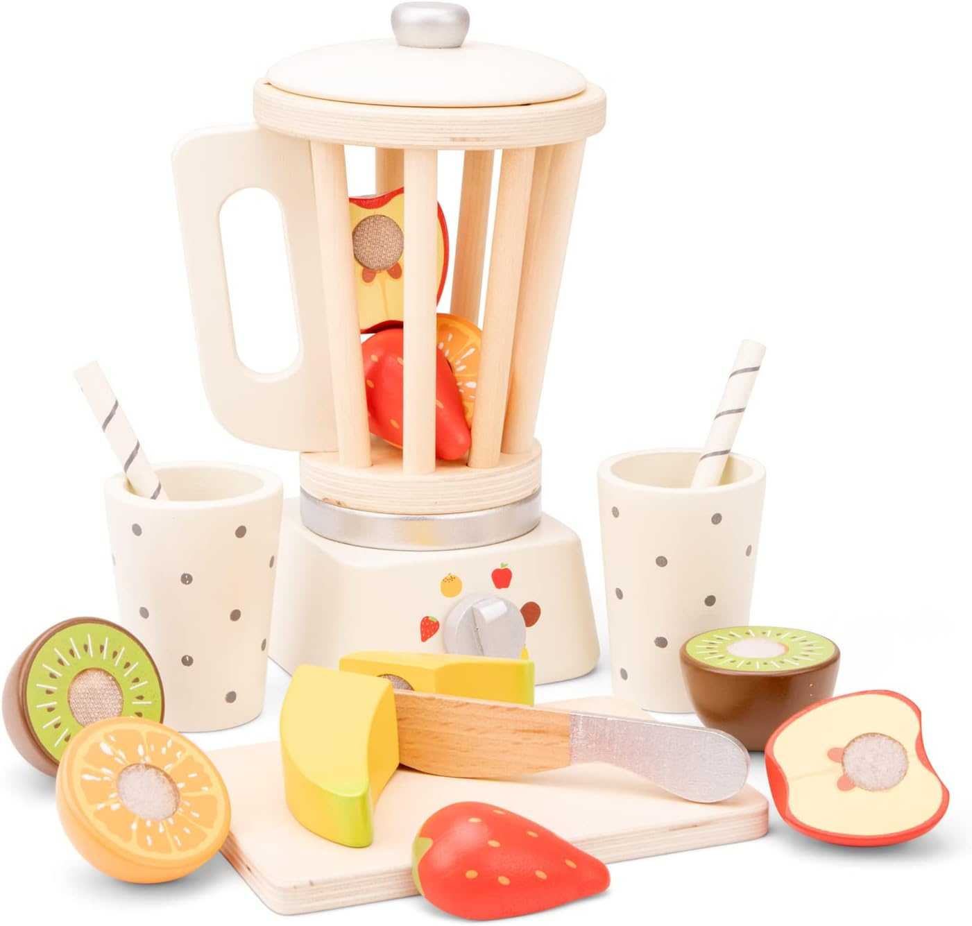 New Classic Toys 10708 Wooden Pretend Play Kids Smoothie Maker Set Cooking Simulation Educational Color Perception Toy for Preschool Age Toddlers Boys Girls, White image number 6