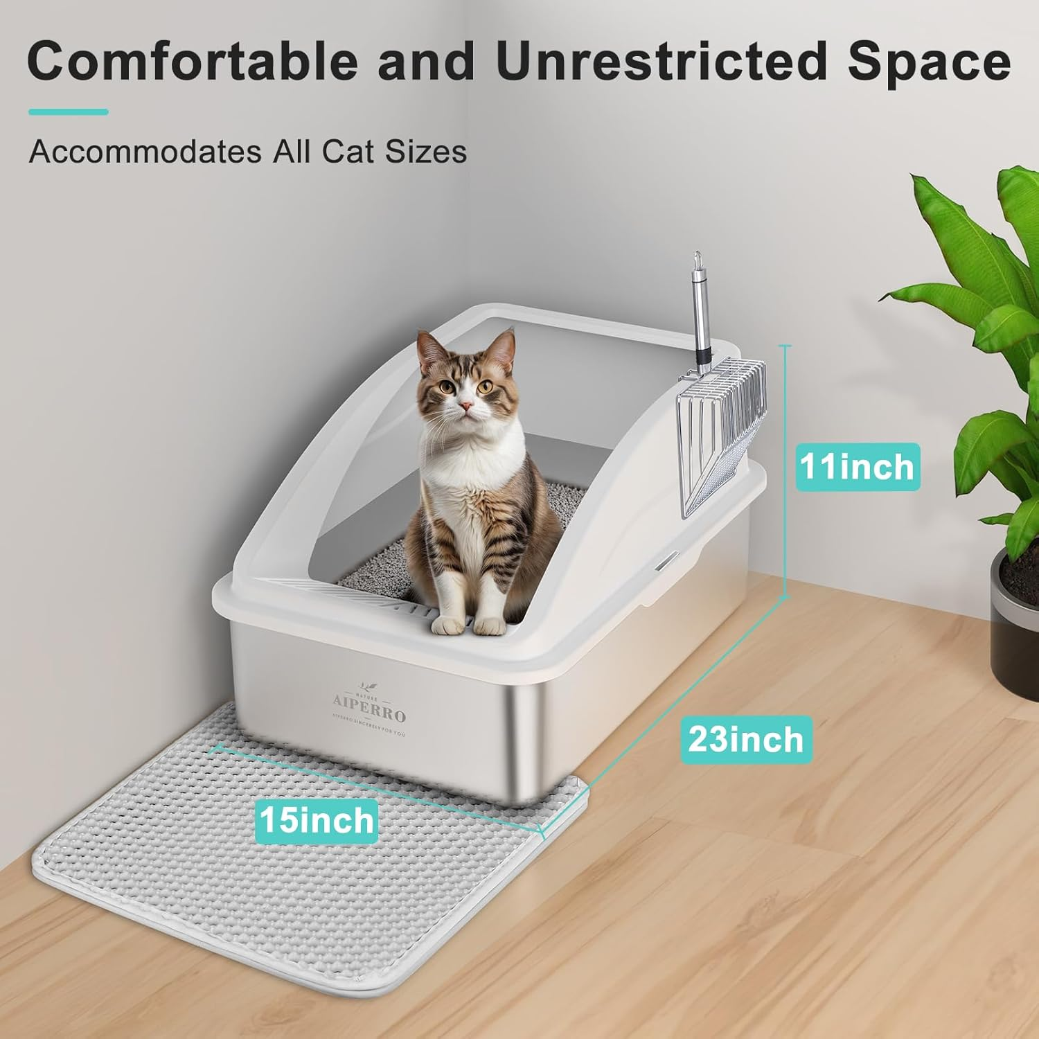 Stainless Steel Litter Box | XL Enclosed Cat Litter Boxs with Lid for Big Cats | High Sided, Anti-Urine Leakage | Non-Stick Bottom & Includes Litter Mat & Metal Scoop image number 6