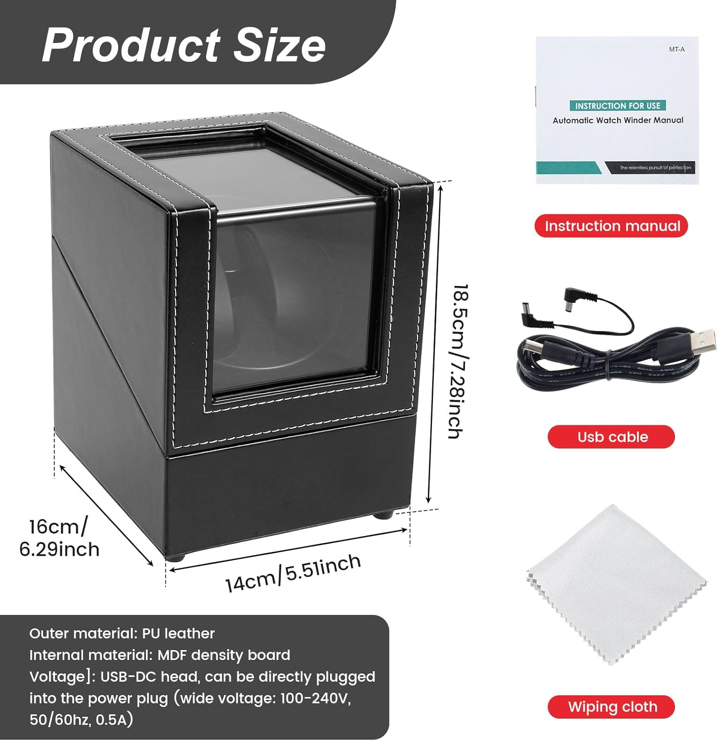 MFAUCAZB Watch Winder for Automatic Watches, Single Watch Winder Box with Two Rotation Modes, Super Quiet Motor, Leather Watch Turner Watch Shaker for Men (Black) image number 5