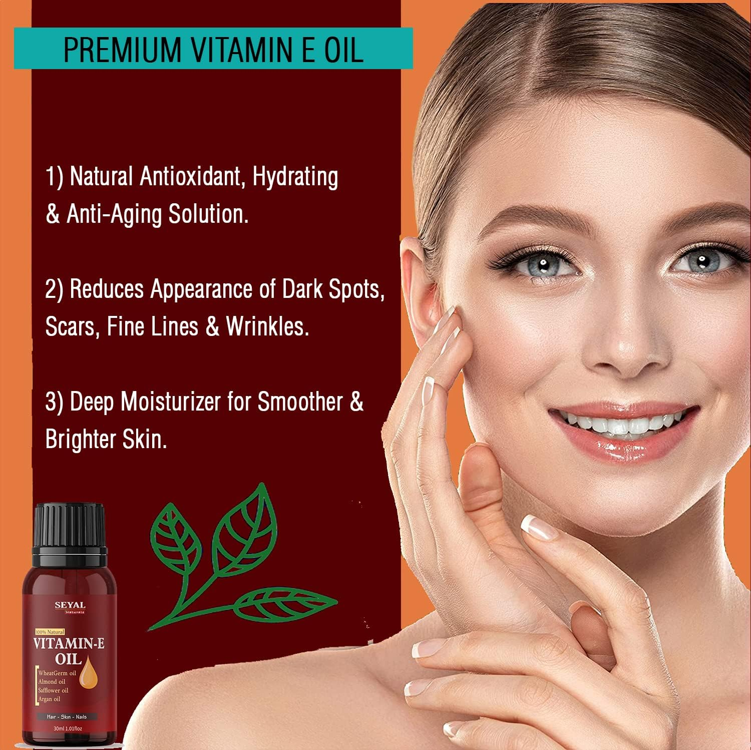 Seyal Vitamin E Oil for Face , Nails & Hair, 100% Natural Plant-Based Therapeutic Grade Organic Hexane-Free 30Ml