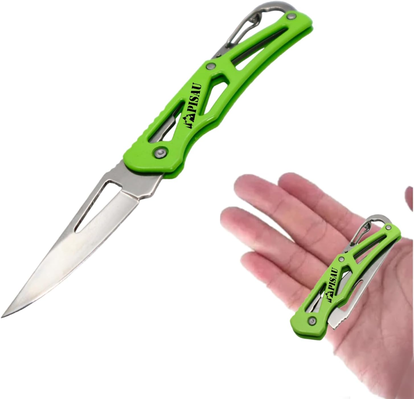 PISAU Small Stainless Steel Camping Folding Knife with Carbinner for Emergceny, Fishing and Camping (Pink)