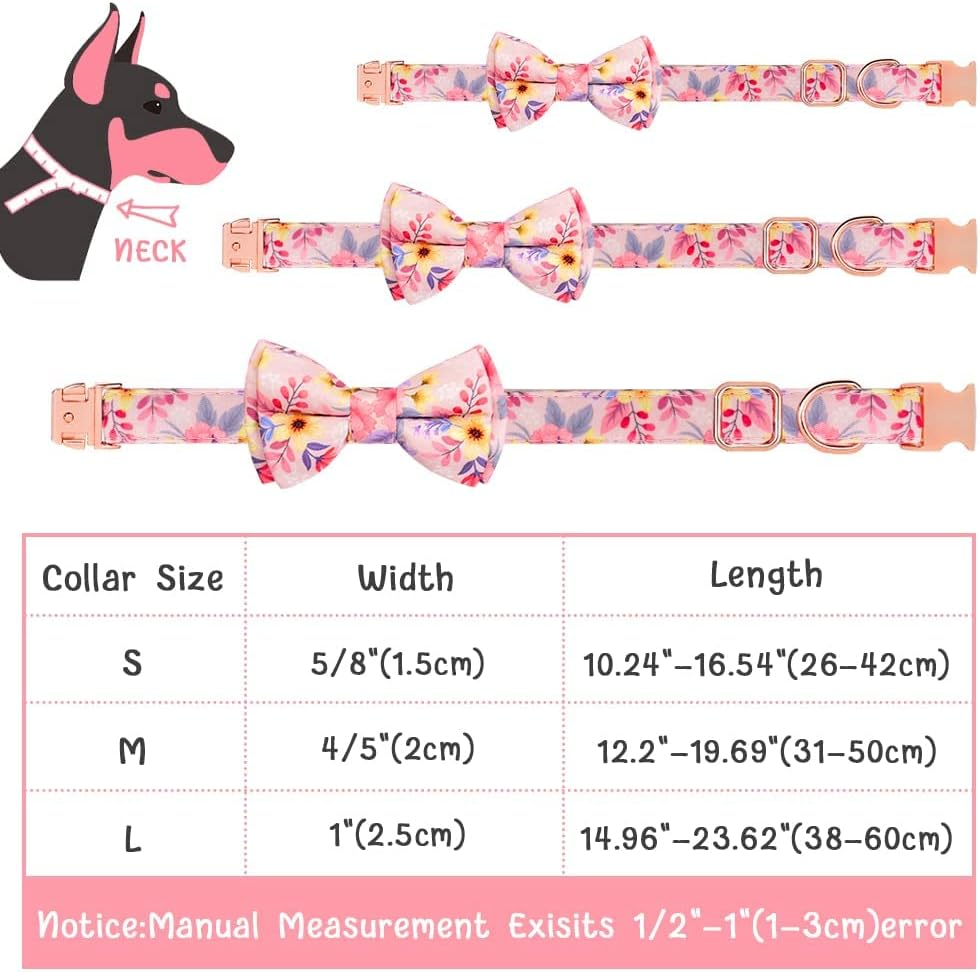 AUAUY Dog Collar and Leash Sets, Flower Girl Floral Pattern Engraved Pet Collars with Adjustable Strong Gold Buckle Collars with Beautiful Bowtie and Little Bell for Small Medium Large Dogs(Pink L) image number 4