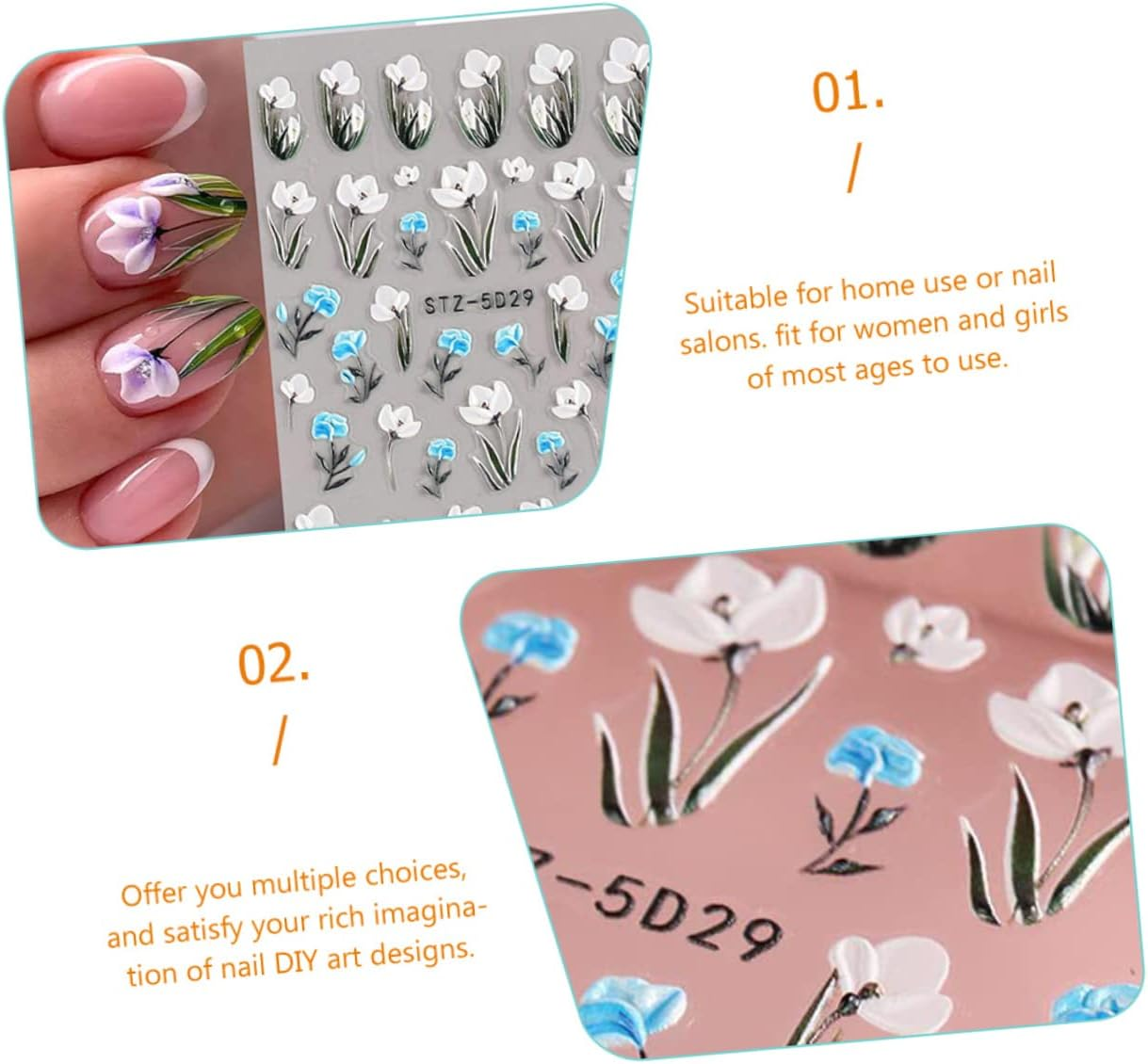 KALLORY 24Sheets Floral Nail Stickers Decals Embossed Nail Art Stickers for Women Girls DIY image number 4