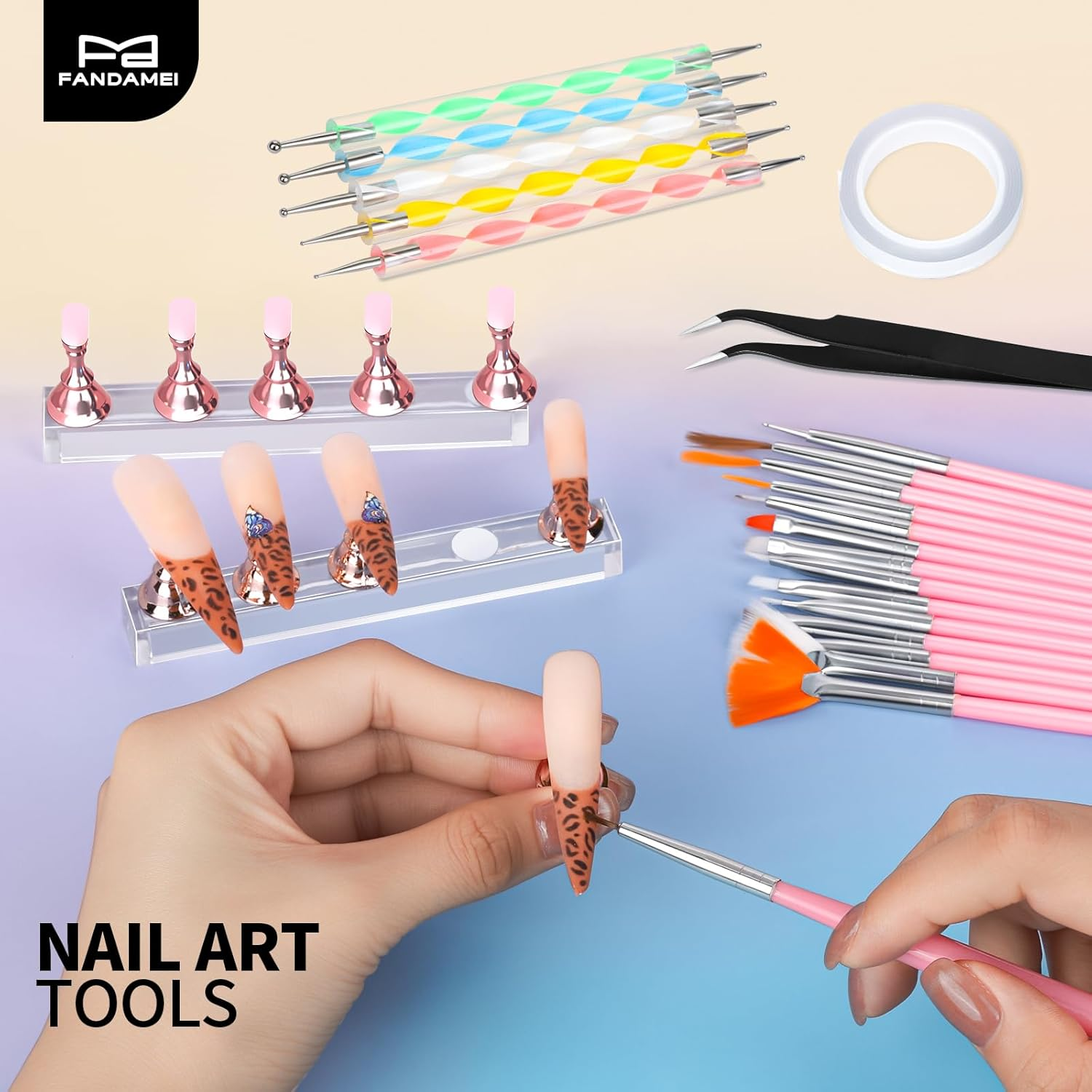 FANDAMEI Nail Art Tools, Nail Brush, 15 PCS Nail Art Brushes, 5 PCS Nail Dotting Tool, Nail Stand, Nail Holder for Painting Nails, Press on Nail Stand, Nail Tools, Nail Design Tools image number 6