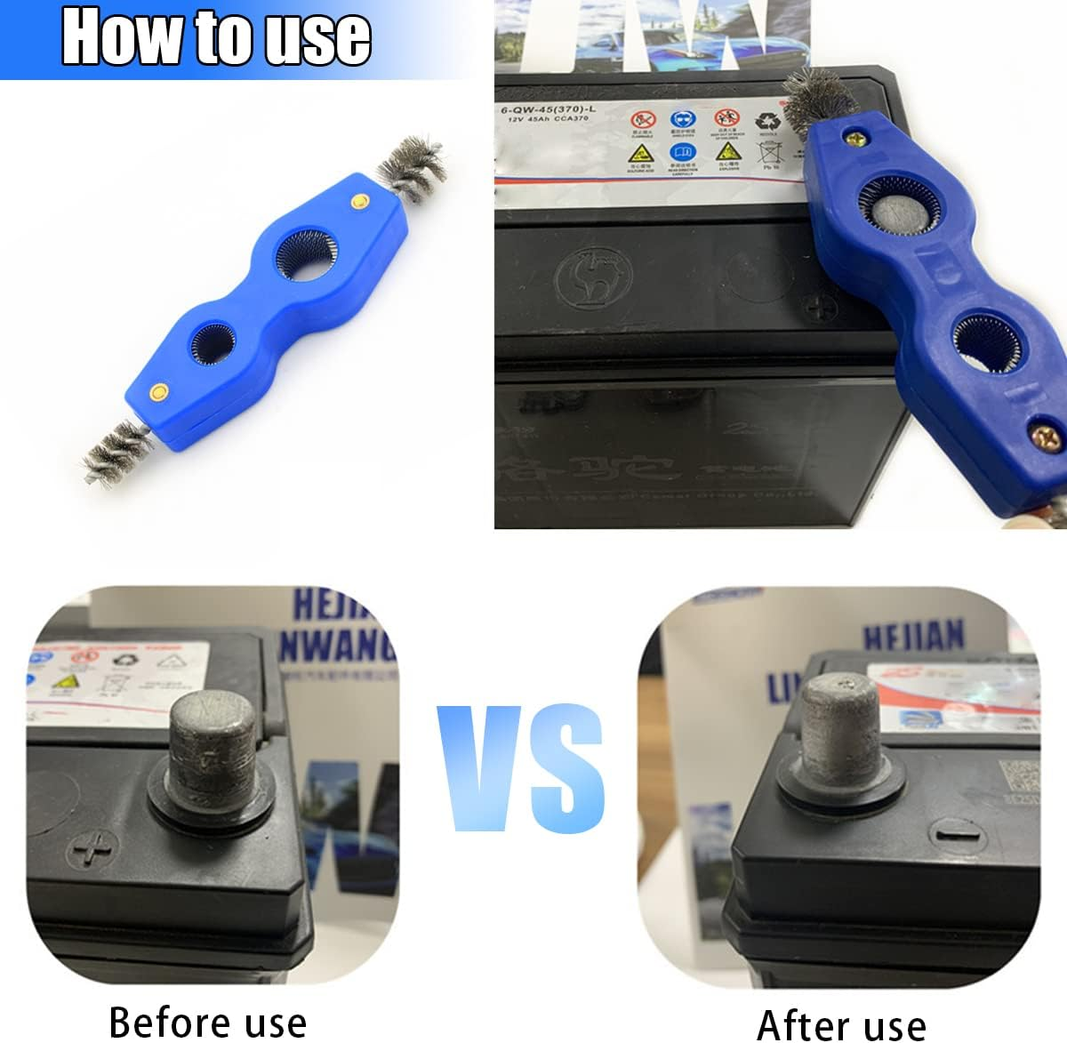 AICEL 2 Pieces Car Battery Terminal Cleaners, 4 in 1 Car Battery Cleaning Brush with Steel Wire, Anti-Corrosion Battery Terminals Machine Parts Cleaning Tools Universal for Automotive and Marine image number 1