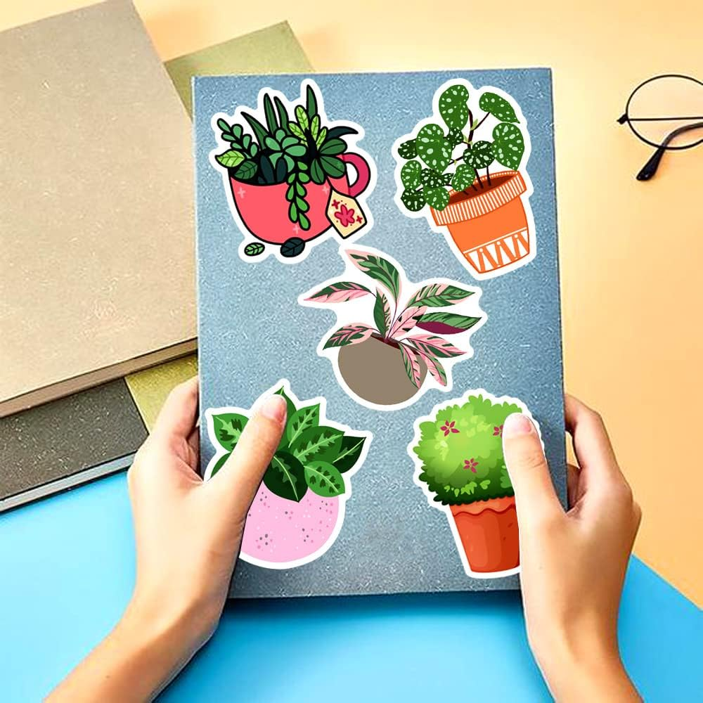 Pack of 50 Green Plant Stickers Waterproof Aesthetic Potted Plants Stickers for Water Bottle Laptop Scrapbook Skateboard Computer Car Bike Motorcycle Luggage Cute Plants Decal for Girls Adults