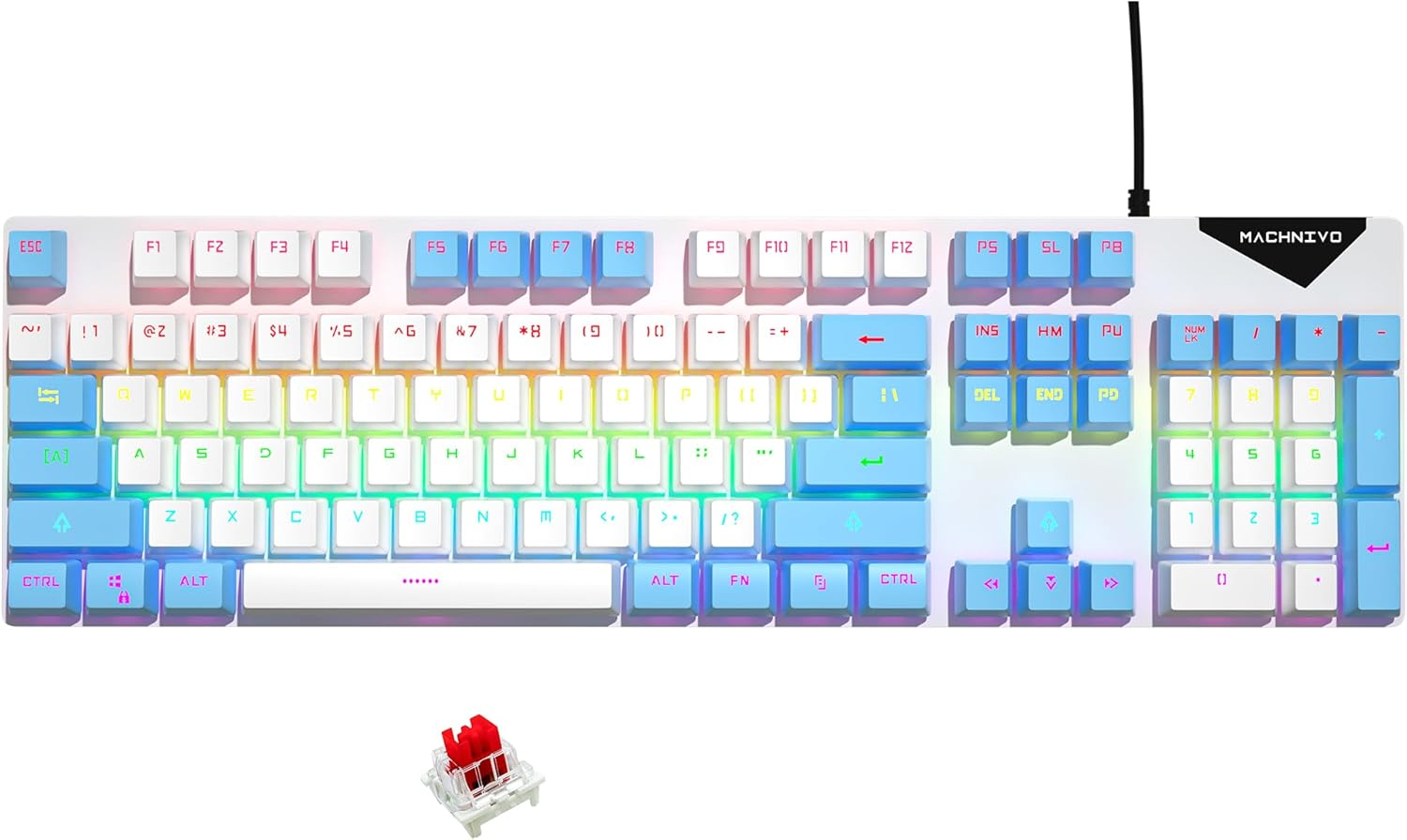 MACHNIVO K51 104 Keys Wired PC Gaming Keyboard, Full Size Mechanical Keyboard with Hot Swappable, RGB Backlight, Aluminum Frame, QWERTY Compatible with Windows and Mac (Red Switch, Blue & White) image number 3