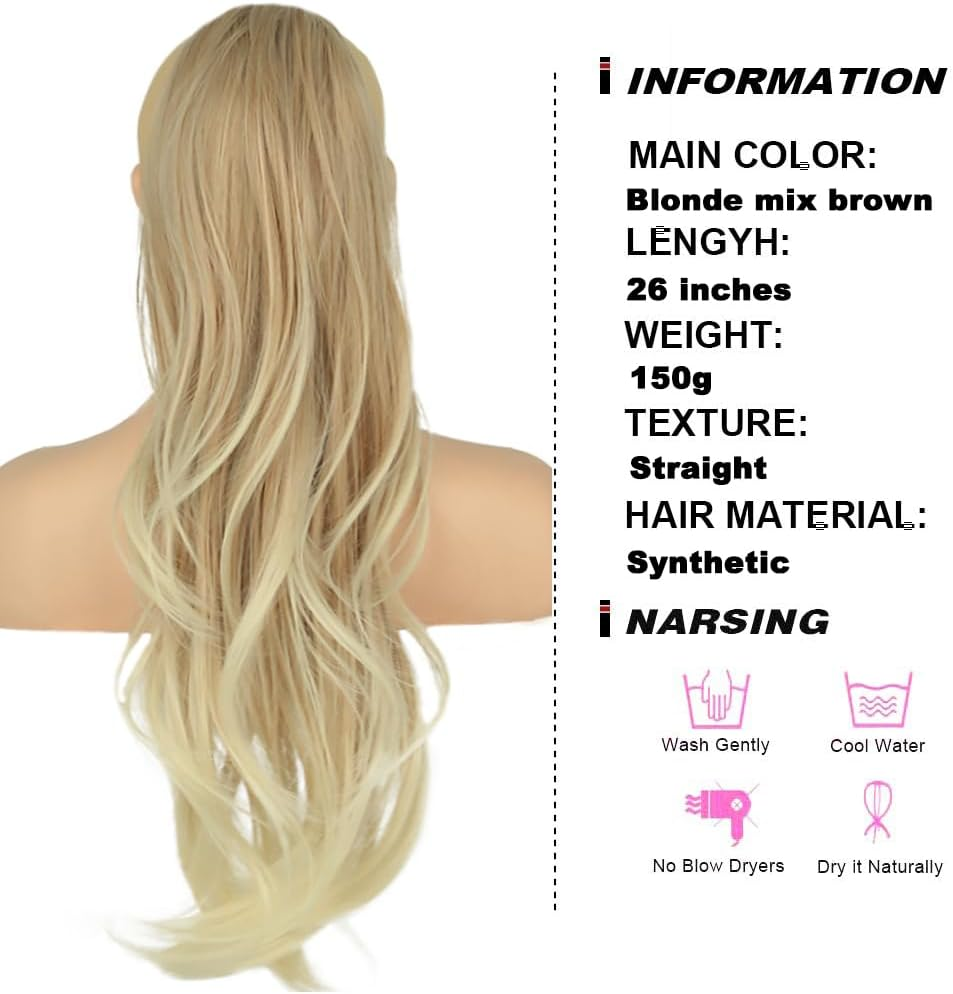 PORSMEER Long Braid Ponytail Hairpiece Hair Extension with Drawstring Long Straight Wavy Natural Synthetic Hair Ponytail Extensions Brown with Blonde for Women Afro Ladies, 65 Cm - Ombre Blonde-27/613T image number 6