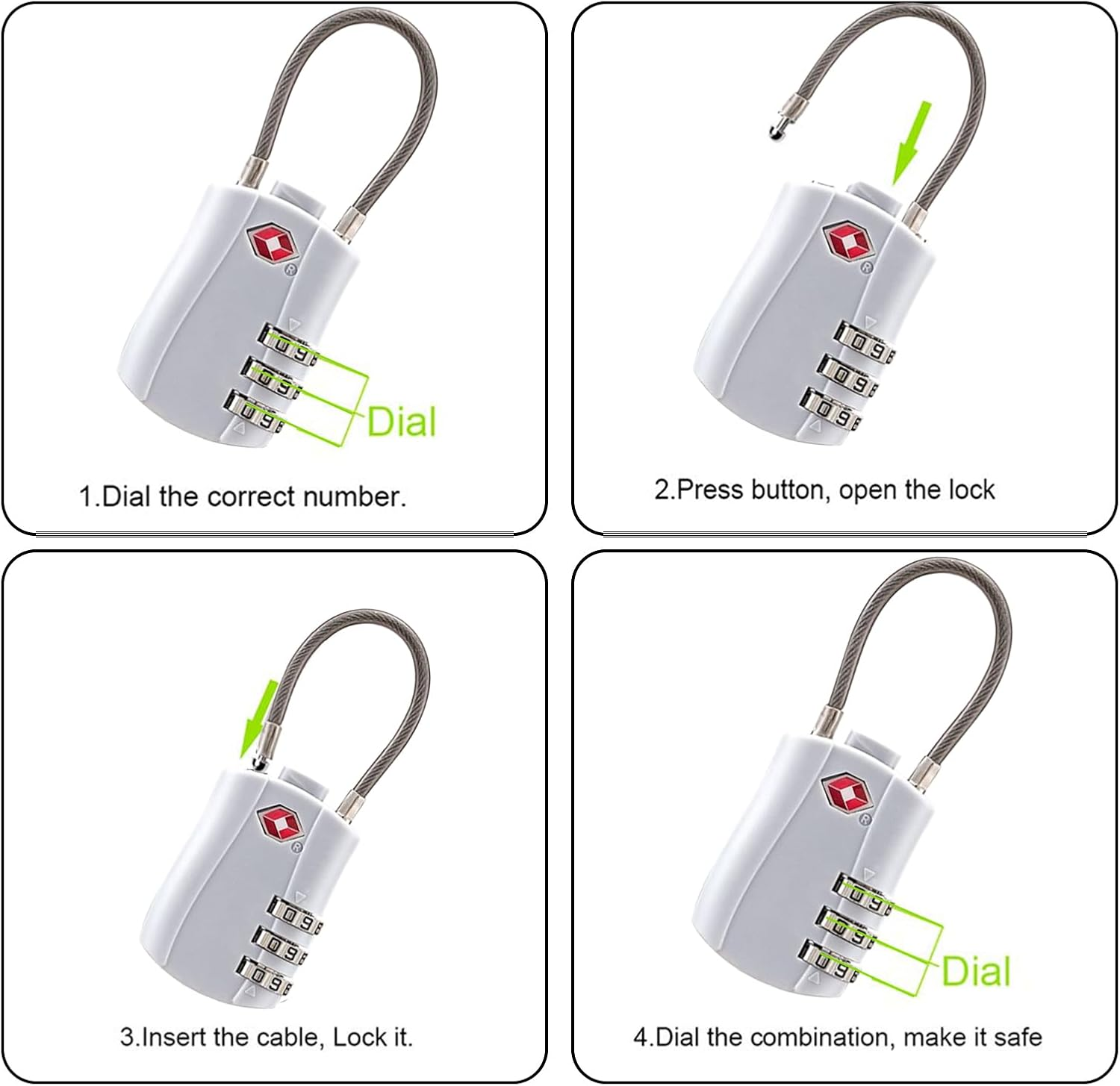 4 Pack TSA Approved Luggage Locks, Combination Travel Cable Lock, 3-Digit Waterproof Padlock with Alloy Body, Keyless Resettable Suitcase Locks for Travel, Lockers, Bags, Backpack, Gym (White - Black image number 4