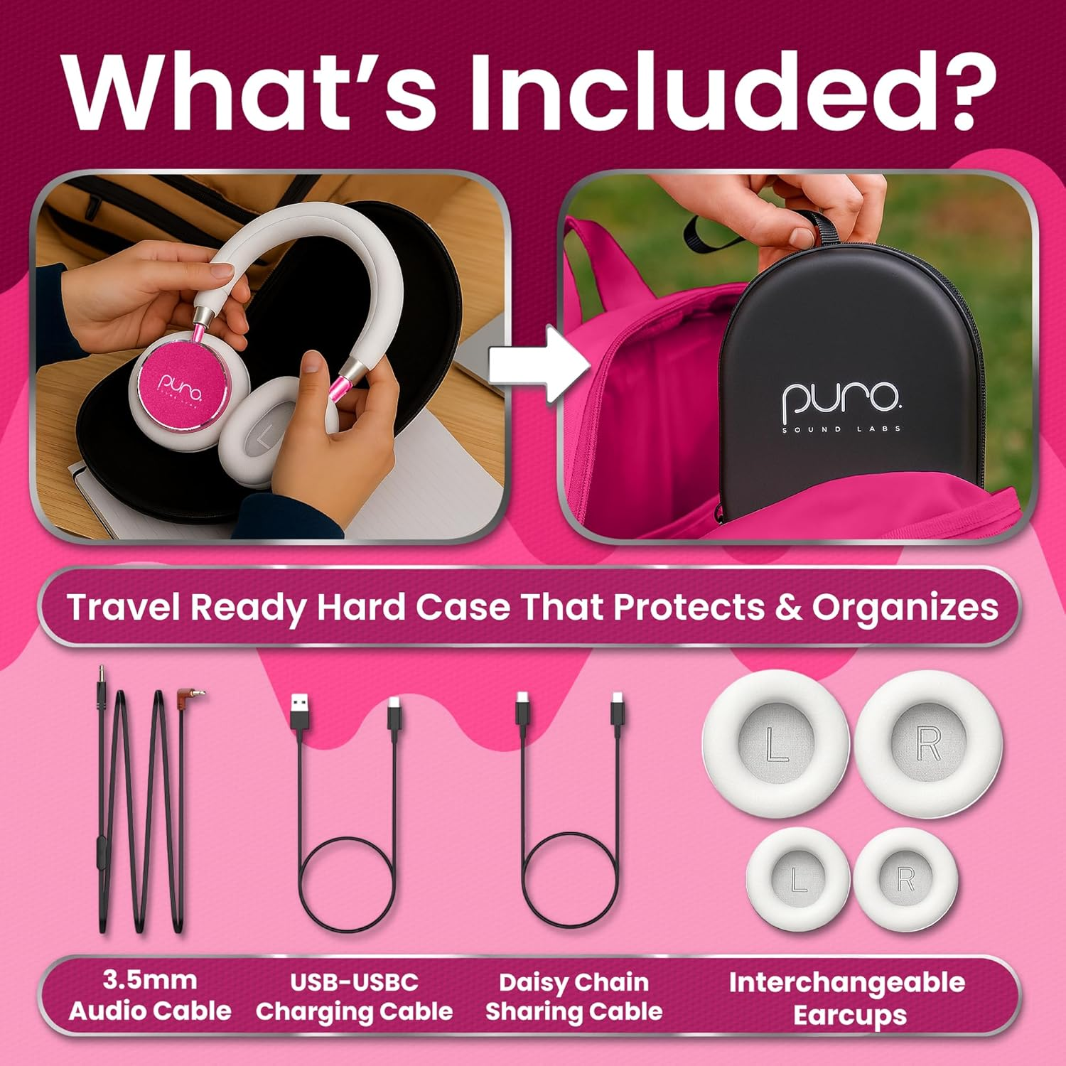 Puro Sound Labs Bt2200-Plus Volume Limited Kids' Bluetooth Headphones - Safer Headphones for Kids - Studio-Grade Audio Quality & Noise Isolation (Pink) - R.Blue image number 4