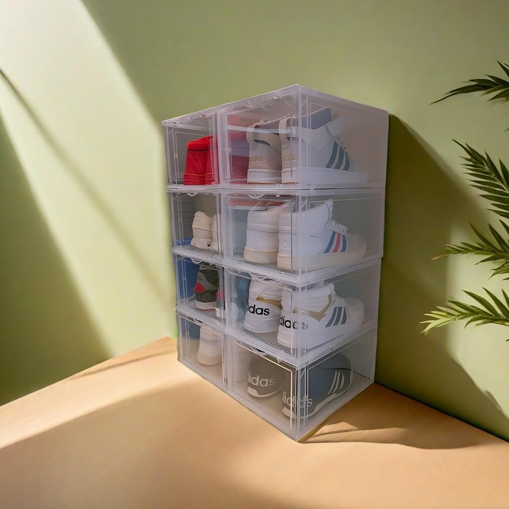 4 Pack Thicken Shoe Organizer Stackable, Containers for Sport Sneaker Display,Upgraded Sturdy Shoe Storage Box with Magnetic Door, DIY Shelving System - Black image number 6