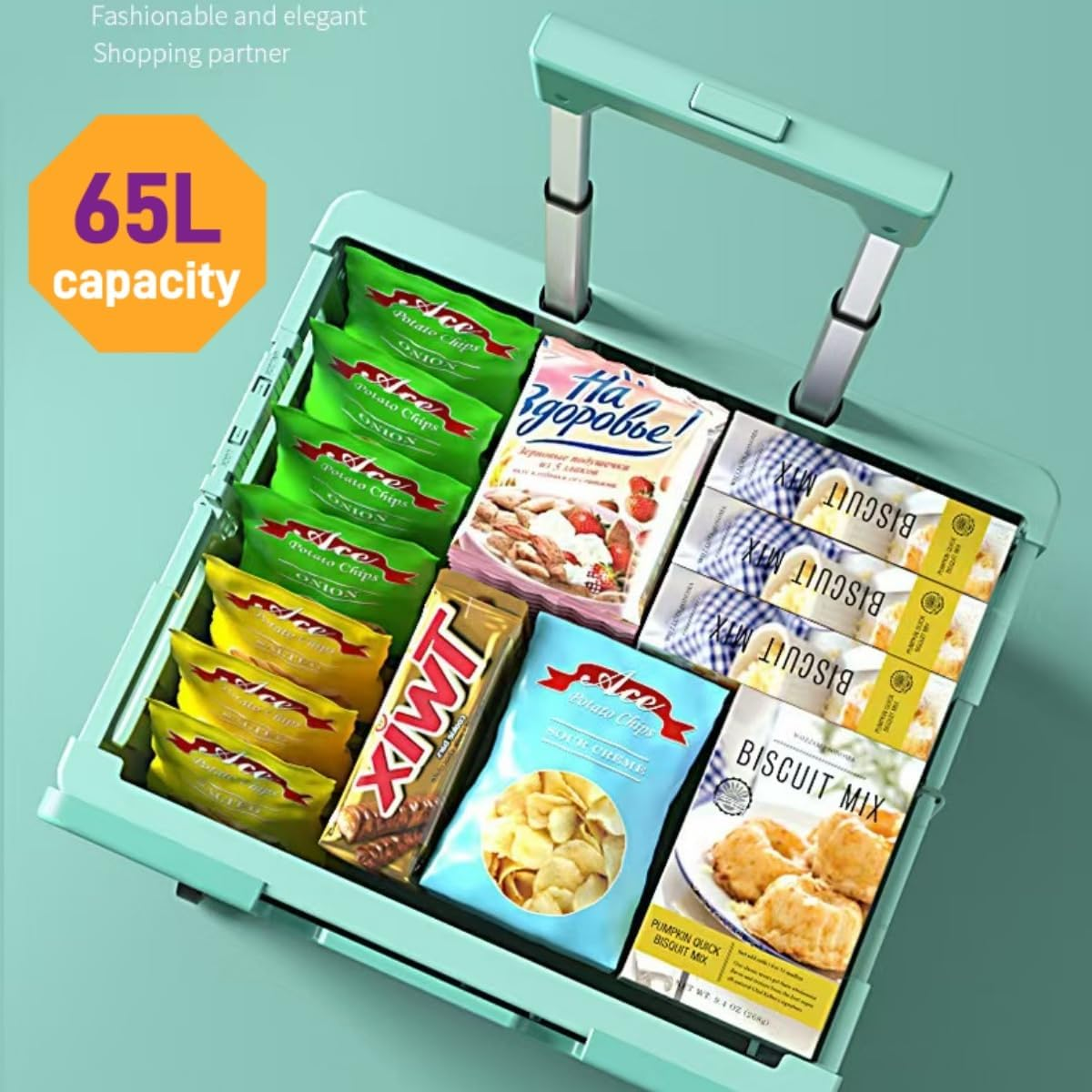 Foldable Shopping Cart 65L Plastic Shopping Trolley Stair Climbing Utility Crate,Folding Utility Cart Portable Rolling Crate with Collapsible 360&deg; Rotate Wheels&Telescoping Handle (White) image number 5