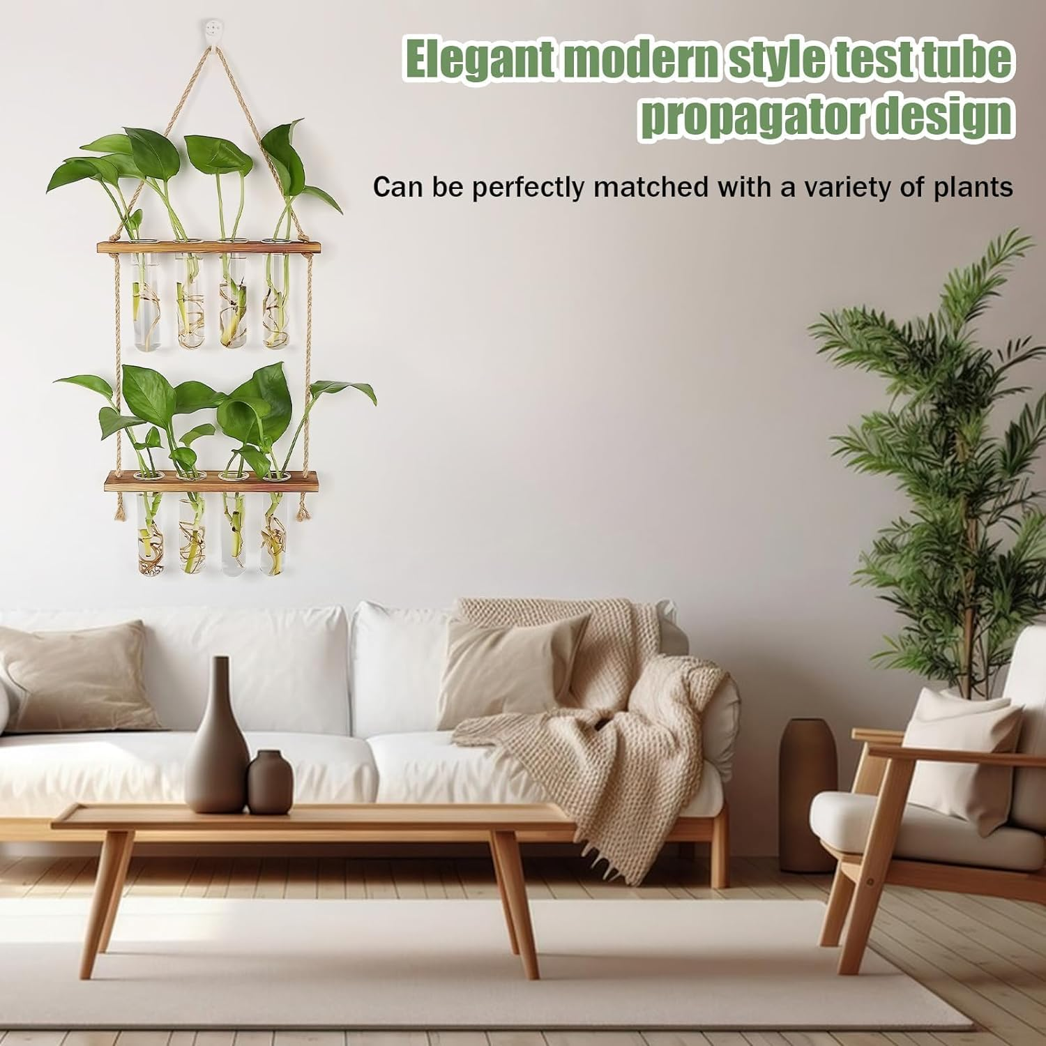 Plant Propagation Station,2 Tiered Test Tube Hanging Plant Holder with Wooden Stand,Propagation Station with Wooden Stand, Propagation Planters Glass Tube for Hydroponic Plant Decor image number 1